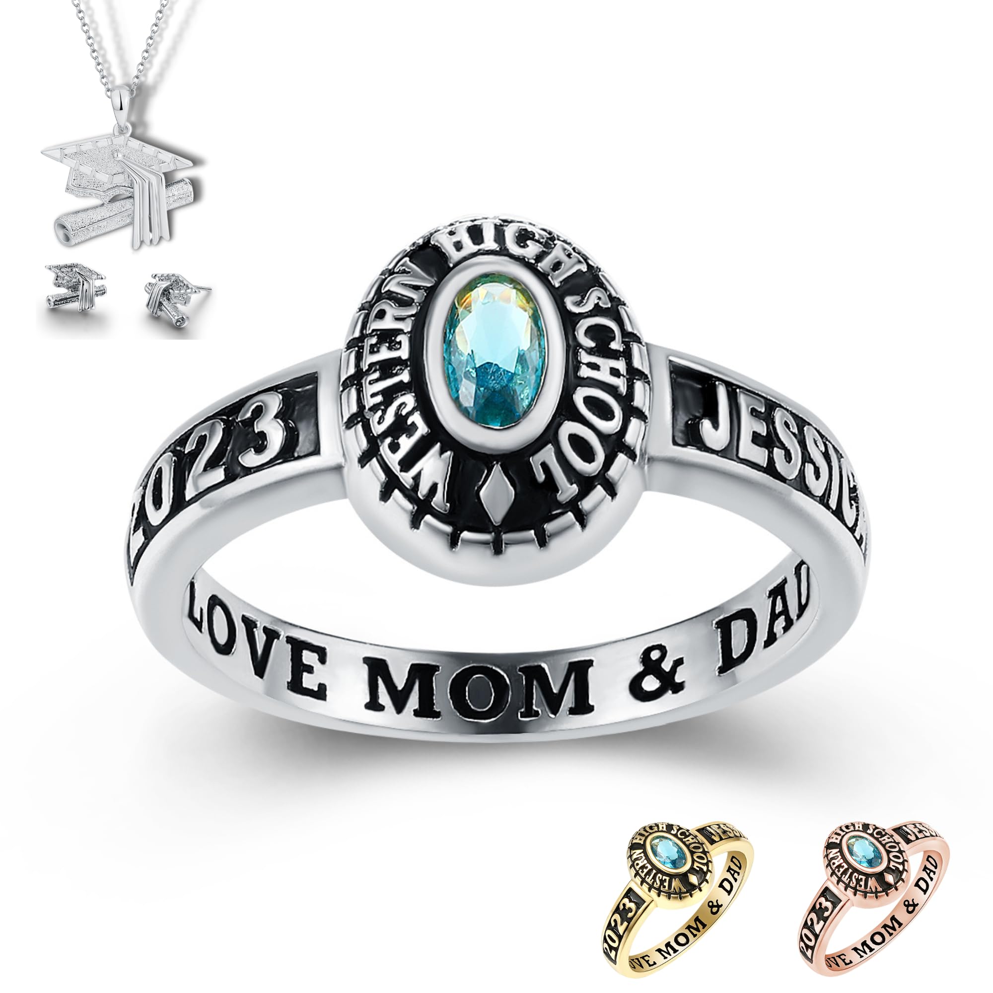 Authentic PJM Mementos USA Premium Women's Class Ring – 925 Sterling Silver or 10KT Gold – Custom High School, College & University Graduation Ring – Elegant Black Band Collection – Perfect Graduation Gift for Her – Ideal for Commencement Ceremonies, Alumni Events & Special Occasions