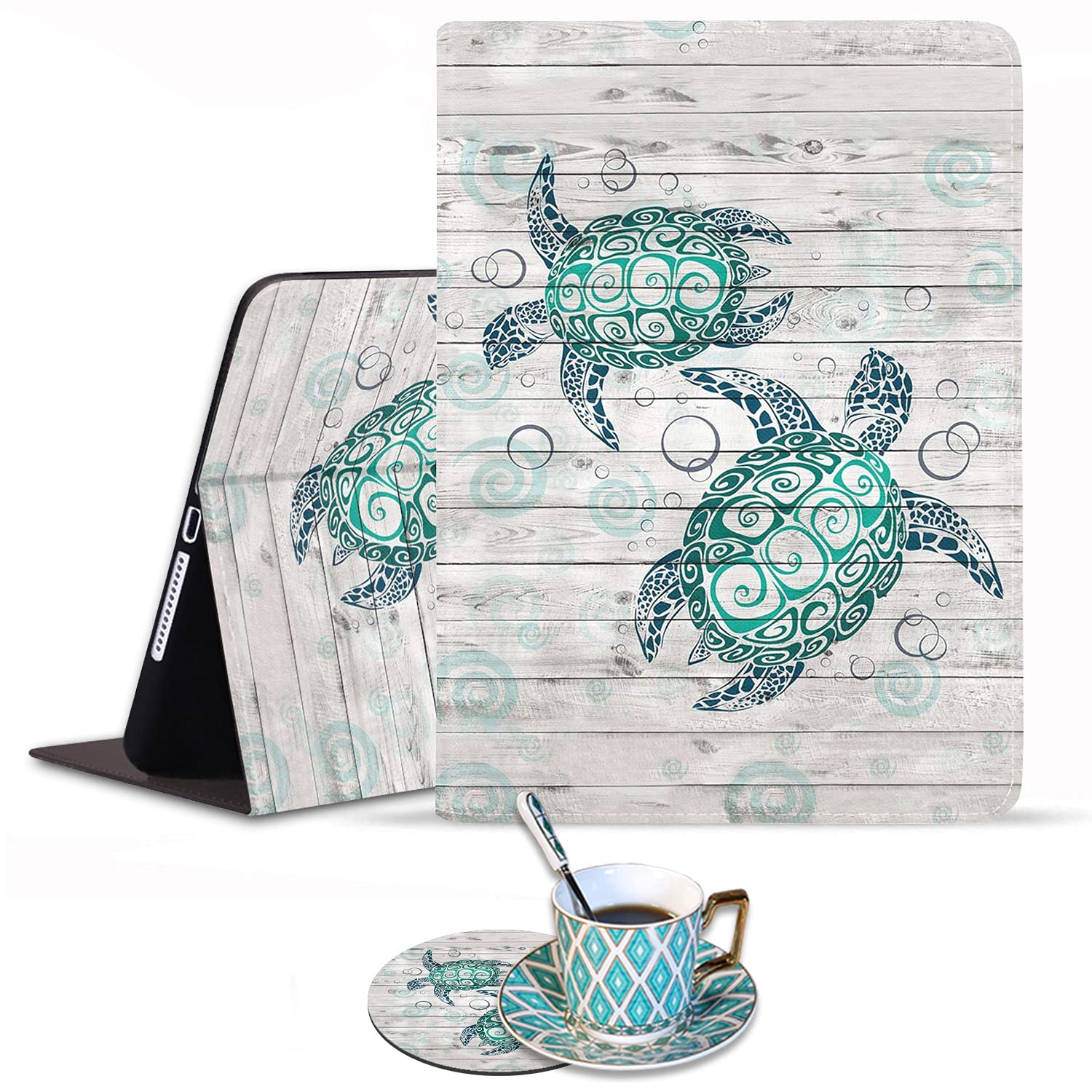Shockproof iPad 9.7 Case (2017/2018) & iPad Air/Air 2 Case - Adjustable Folio Smart Cover Stand with Auto Sleep/Wake for iPad 6th/5th Gen - Baby Sea Turtle Design (Includes Coasters) - Perfect for Work, School & Travel Protection