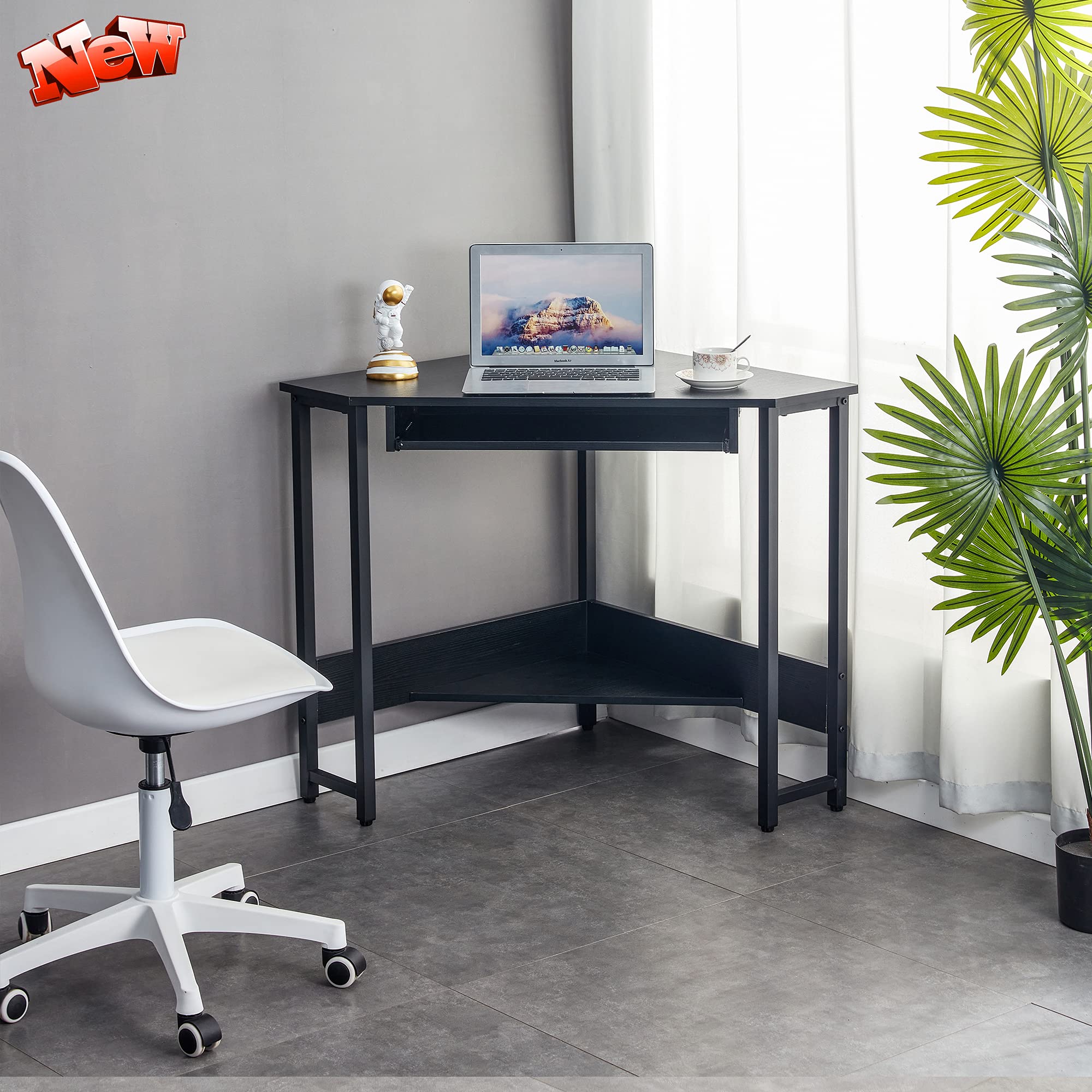 DANGRUUT Rustic Triangle Corner Desk for Small Spaces - Modern Home Office Computer Desk with Keyboard Tray & Storage Shelves | Space-Saving Writing Desk with Sturdy Steel Frame (Black+) - Perfect for Apartments, Dorms & Compact Home Offices
