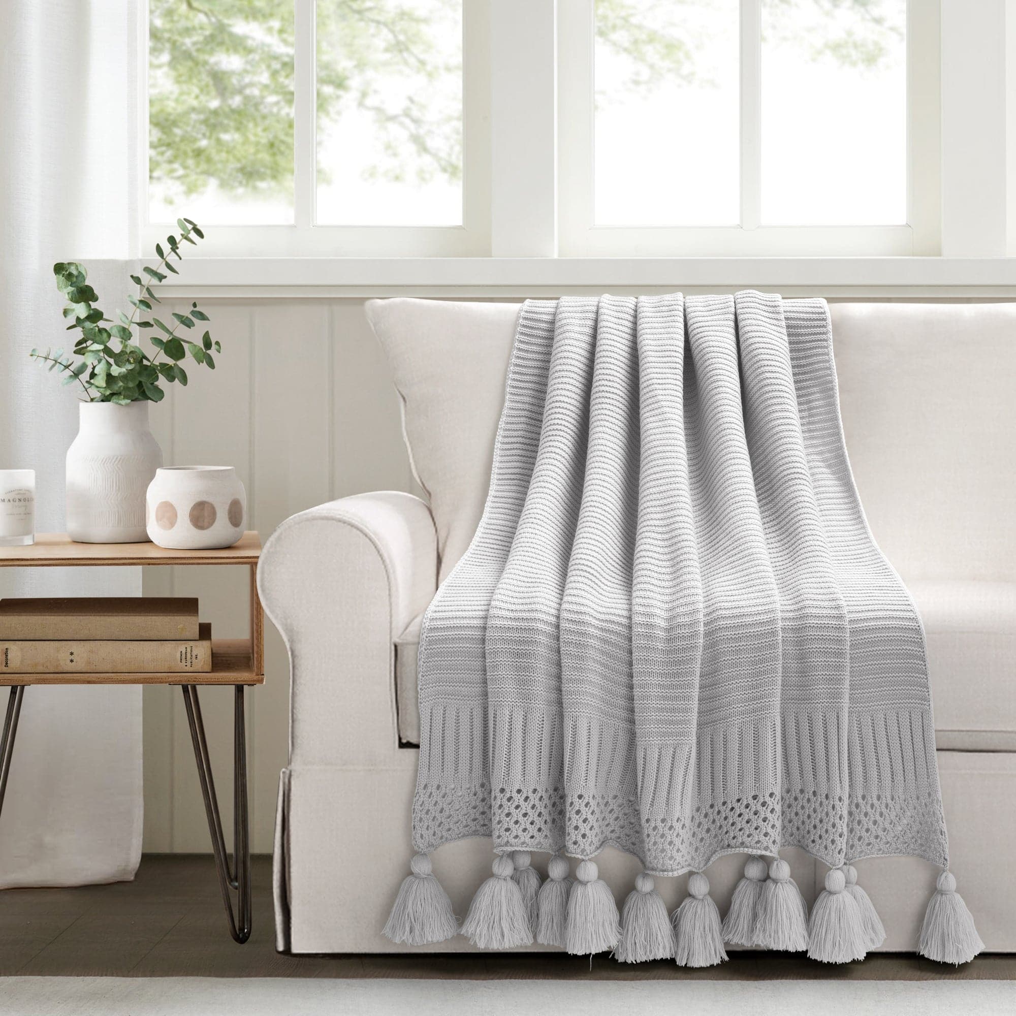 Boho Knitted Tassel Throw Blanket - Soft Handmade Cotton Decorative Couch Cover for Living Room, Bedroom & Cozy Home Decor