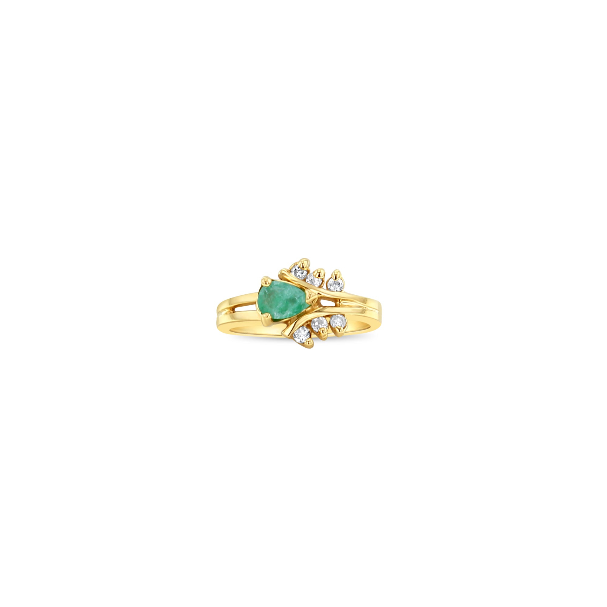 1.00cttw Pear Shaped Emerald & Diamond Wedding Band in 14k Yellow Gold – Elegant Engagement Ring for Women, Perfect for Bridal Jewelry & Anniversary Gifts