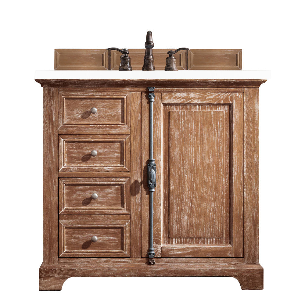Providence 36 Inch Single Bathroom Vanity Cabinet in Driftwood Finish with 3CM White Zeus Quartz Countertop - Perfect for Modern Bathroom Renovations and Home Upgrades