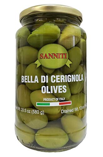 Sanniti Whole Bella Di Cerignola Olives in Glass Jar, 20.5 oz - Premium Italian Olives for Salads, Charcuterie Boards & Mediterranean Recipes