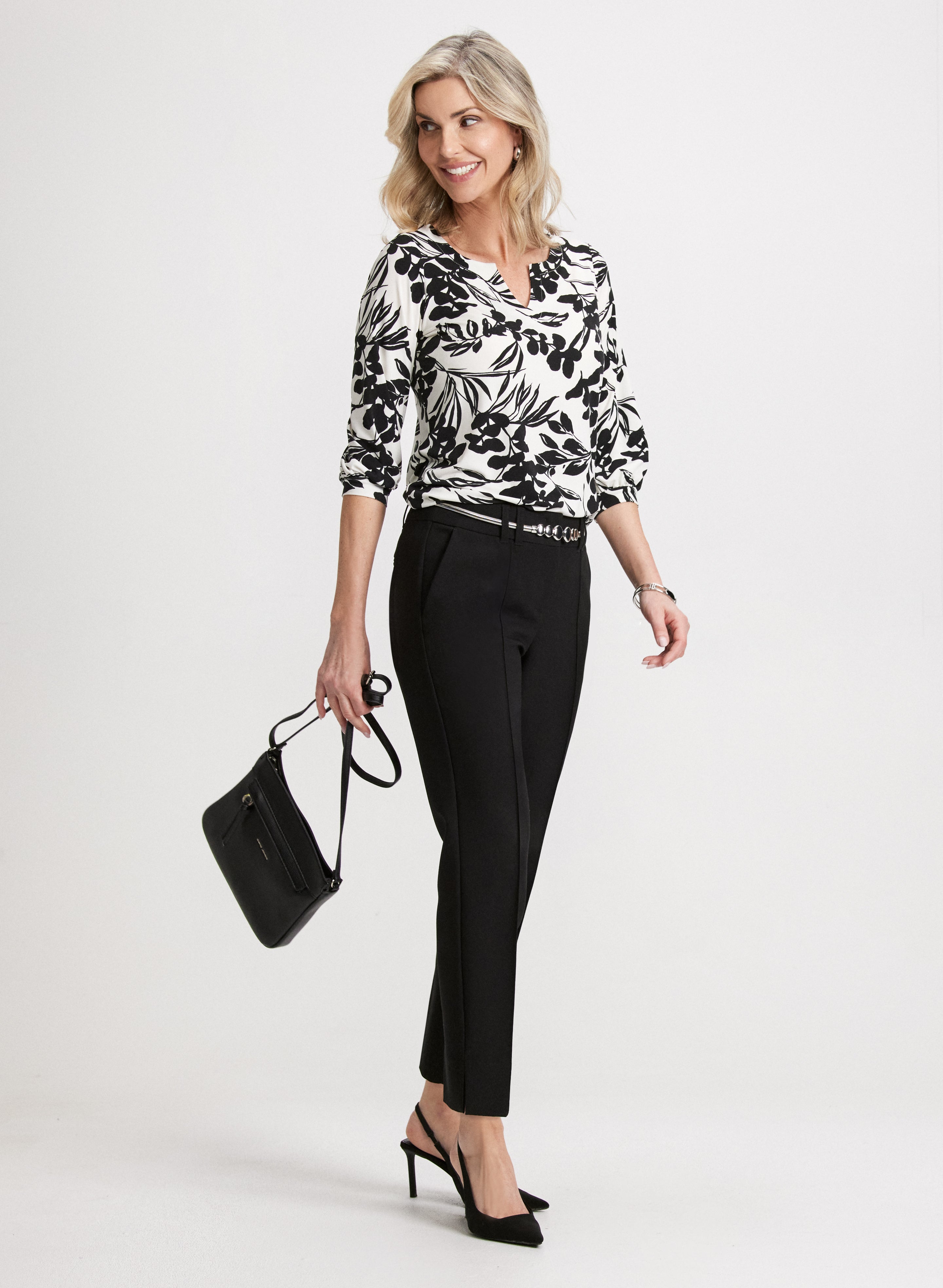Floral Bouffant Sleeve Blouse & Slim Fit Pants Set - Women's Elegant Office Wear & Casual Outfit for Work or Date Night