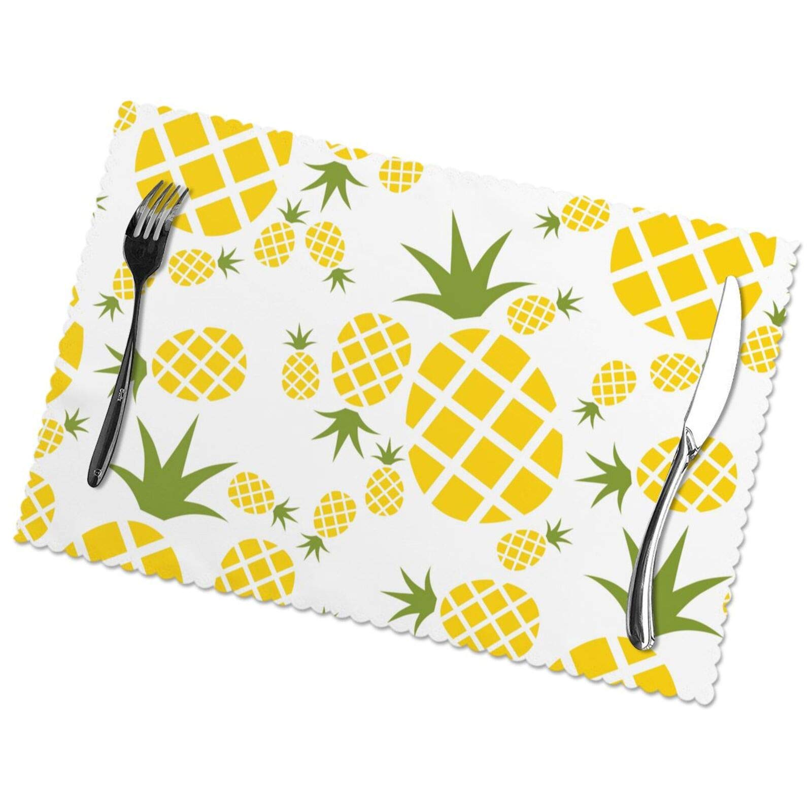 Yellow Pineapple Placemats Set of 6 - 12x18 Inch Washable Non-Slip Table Mats for Kitchen & Dining Room Decor, Tropical Geometric Design for Indoor/Outdoor Use - Perfect for Spring Parties, Picnics & Beach Dining