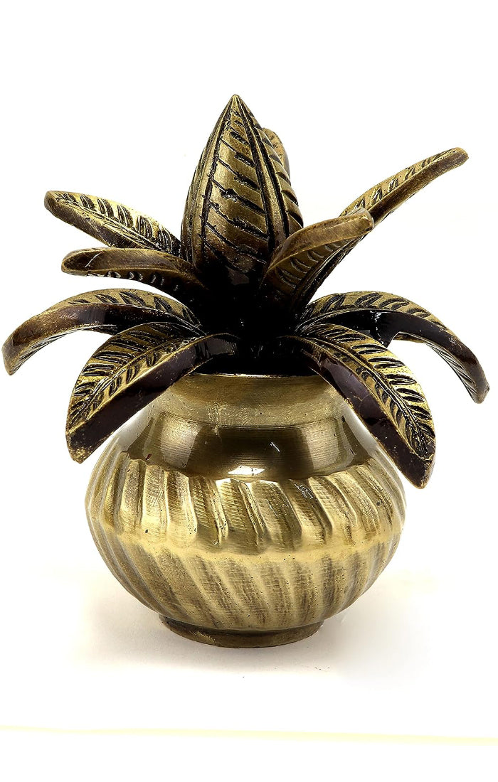 5 Inches Brass Mangal Kalash with Coconut - Hindu Pooja Ritual Vessel for Home Decor & Religious Ceremonies - Traditional Indian Showpiece (Design 79)