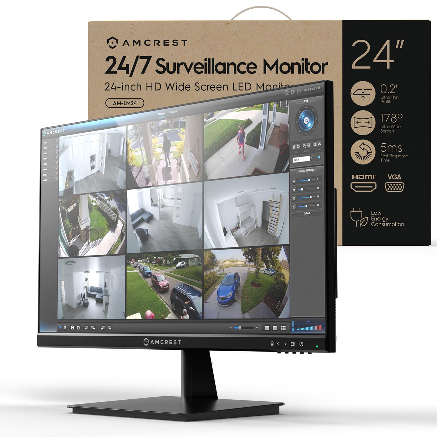 Amcrest 24 Inch 1080p FHD 60Hz Surveillance Monitor with HDMI & VGA, Micro Bezel Design, Built-in Dual Speakers - Ideal for Home Office Security, NVR/DVR Monitoring, and 24/7 Video Surveillance (AM-LM24)