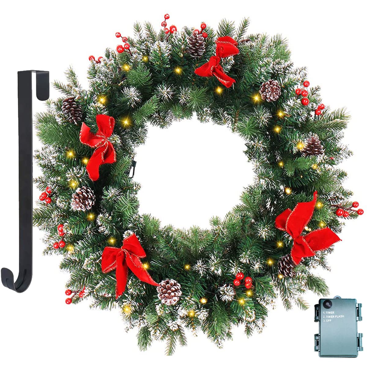 24 Inch Pre-Lit Artificial Christmas Wreath with 50 LED Lights - Festive Bows, Berries & Pine Cones - Indoor/Outdoor Holiday Door Decor for Home, Office & Party
