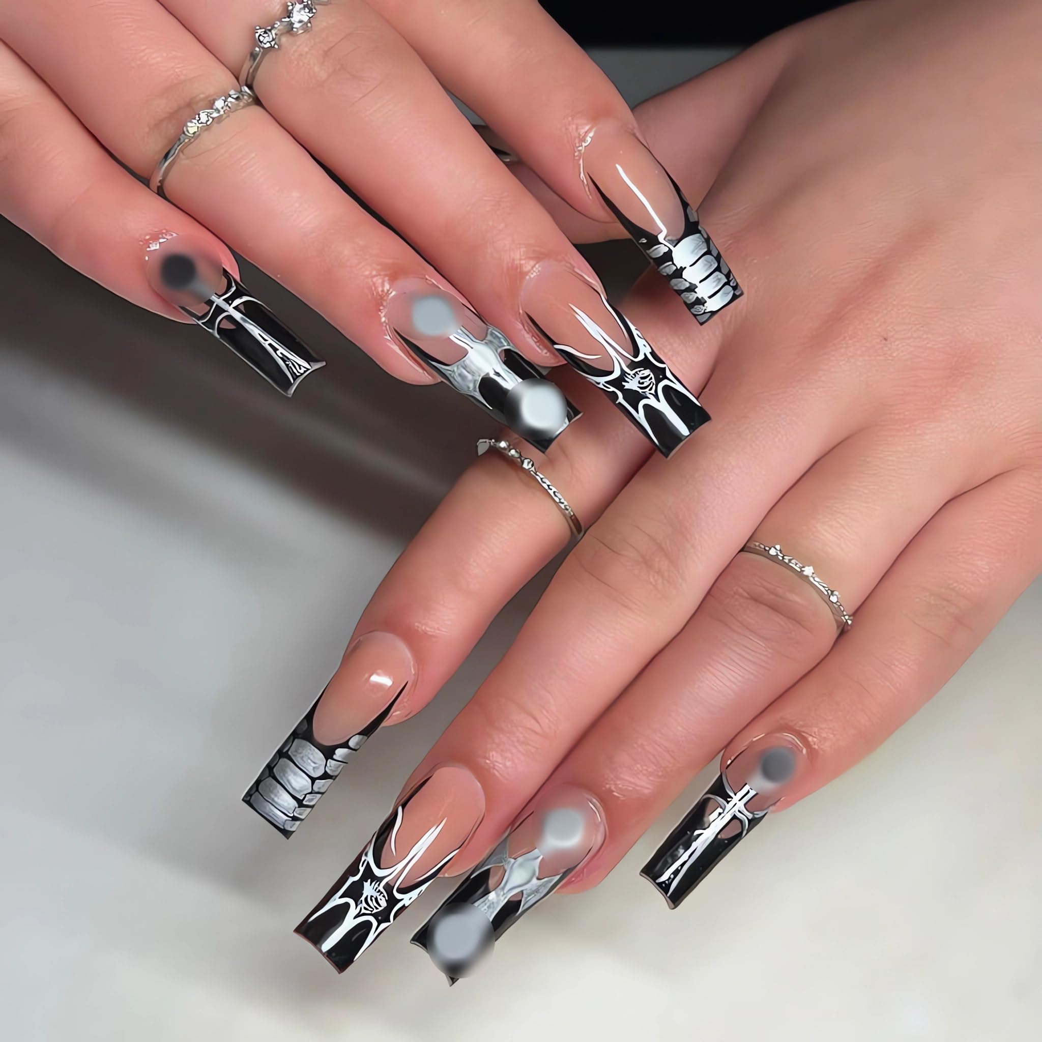 IMSOHOT Square Press on Nails - 24pcs Long Acrylic Fake Nails with French Tips & Silver Cross Designs | Black Glossy Y2K Style Full Cover Glue on Nails for Women | Perfect for Parties, Weddings & Special Occasions