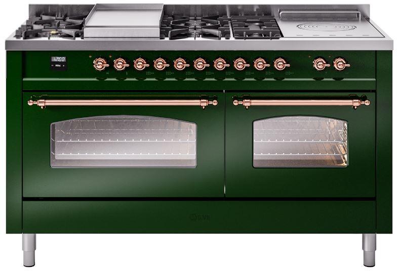 ILVE Nostalgie II 60-Inch Dual Fuel Natural Gas Range - Emerald Green with Copper Trim (UP60FSNMPEGP) | Professional Kitchen Appliance for Home Chefs & Gourmet Cooking