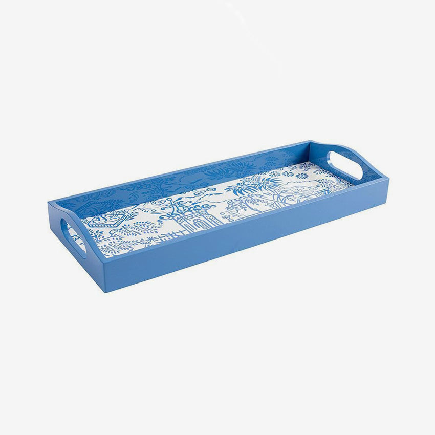 Caspari Pagoda Toile Blue Lacquer Bar Tray - Elegant Serving Tray for Cocktails, Drinks & Home Decor | Perfect for Entertaining, Parties & Luxury Home Accessories