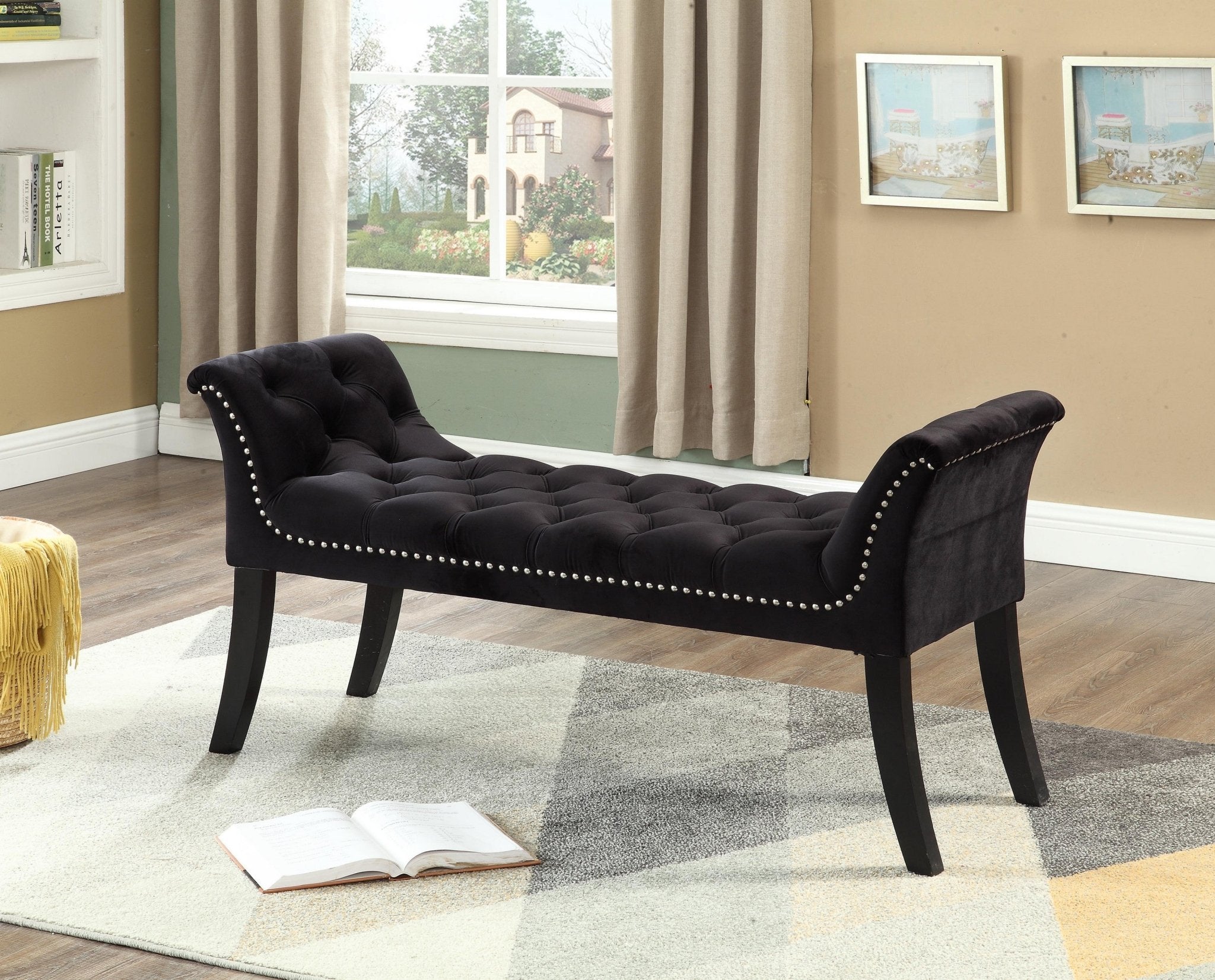 Luxury Black Velvet Upholstered Bench with Deep Tufting & Nailhead Trim - Elegant Seating for Bedroom, Living Room or Entryway Decor