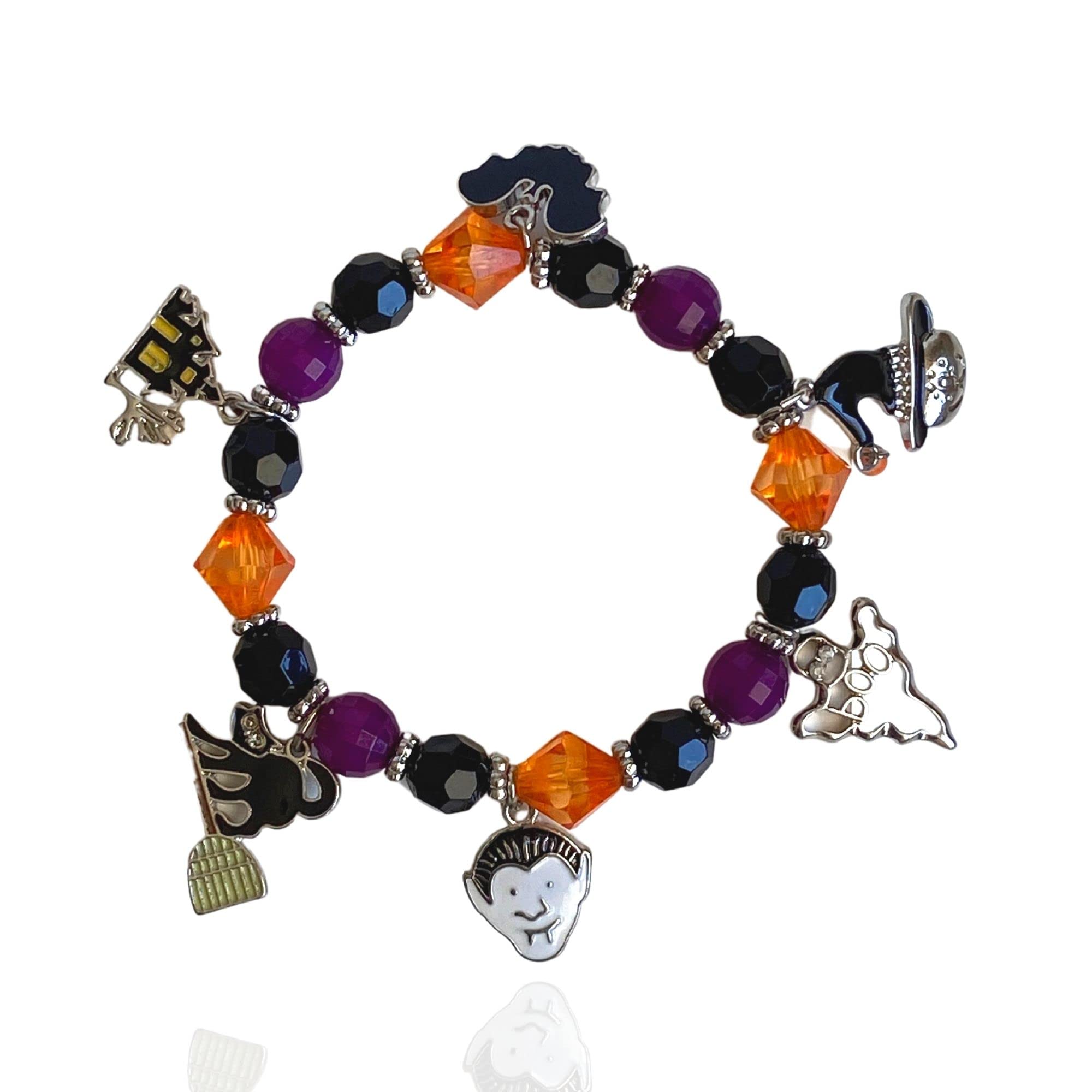 Halloween Bracelet for Women & Girls - Witch, Vampire, Bat, Ghost, Haunted House Design - Black, Purple, Orange Bead Stretch Bracelet - Perfect for Costume Parties, Trick or Treat, and Spooky Accessories
