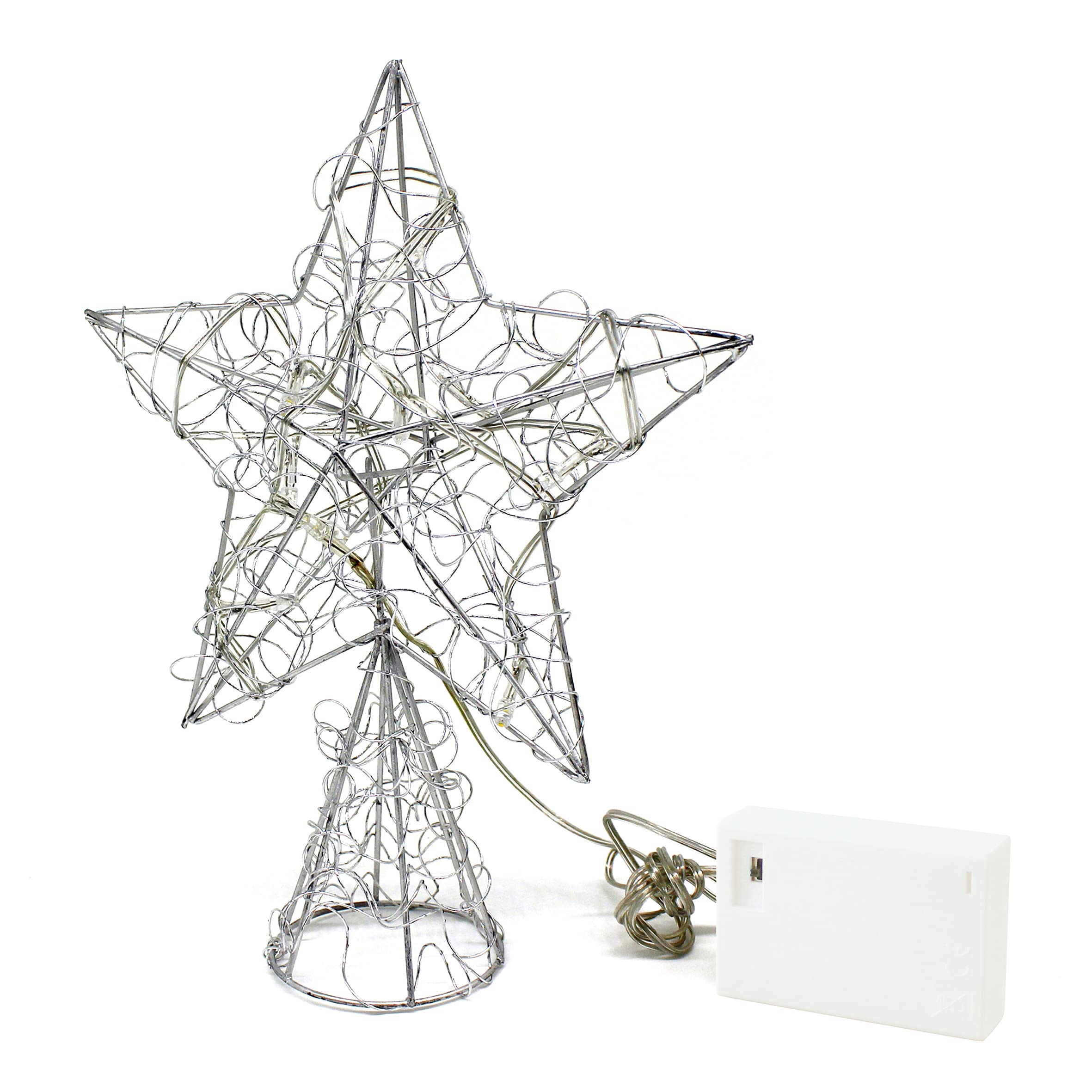 CVHOMEDECO Silver Wire Twine Tree Topper Star with Bright White LED Lights & Timer - 8x10 Inch Christmas Tree Decorations for Holiday, Party & Home Decor - Perfect for Xmas Trees, Mantels & Seasonal Displays
