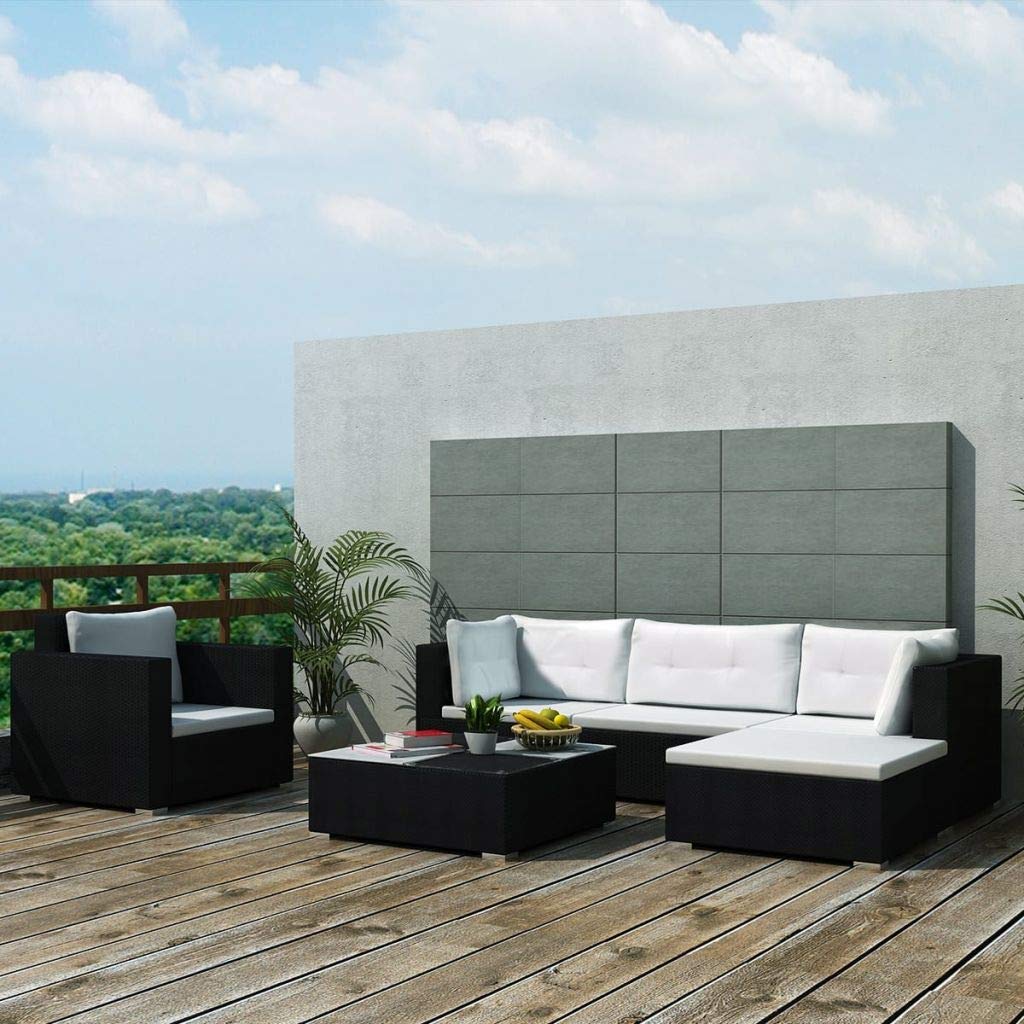 H.BETTER 6-Piece Outdoor Patio Furniture Set - Black Poly Rattan Sectional Sofa with Removable Cushions & Glass Table Top - Perfect for Garden, Poolside, and Backyard Relaxation