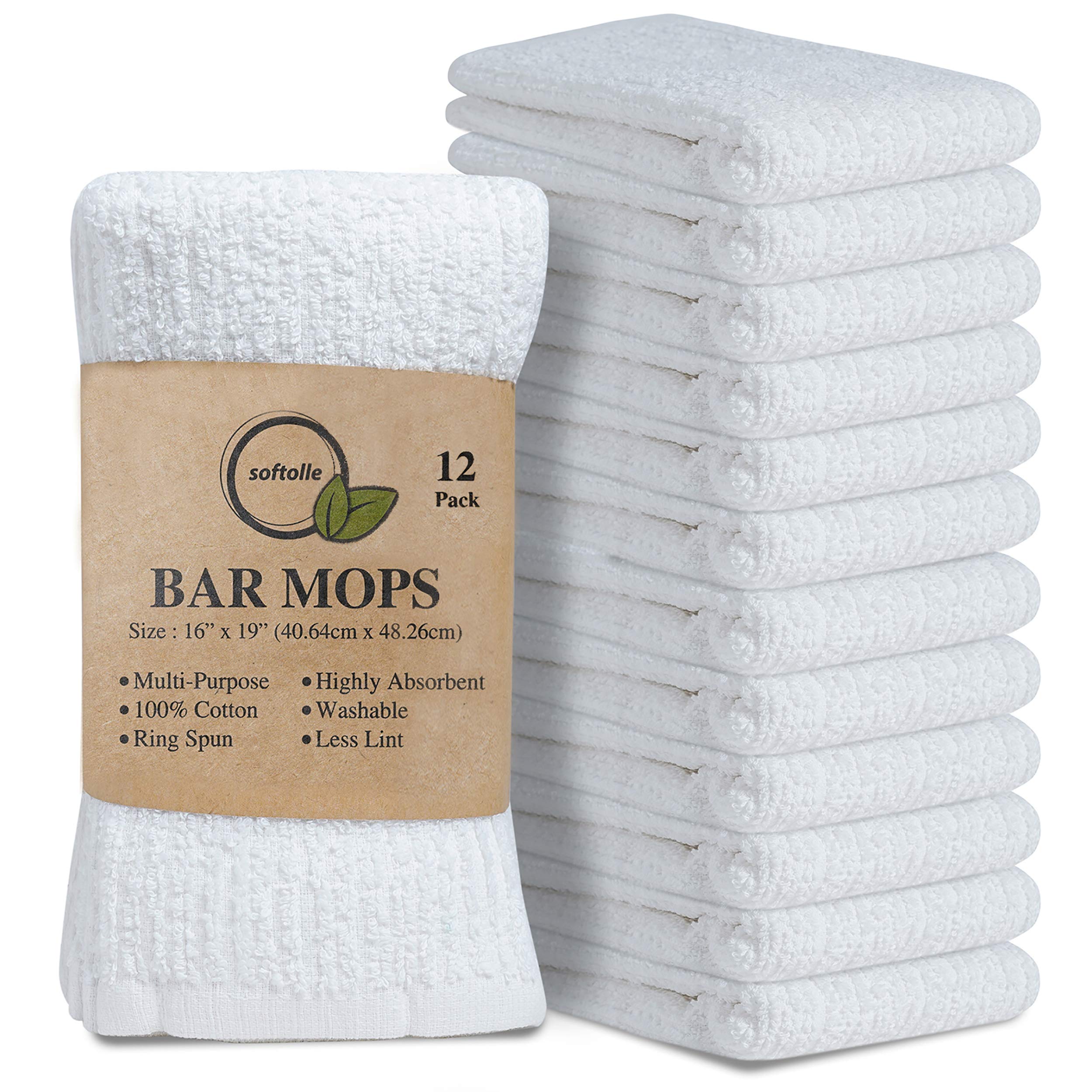Softolle Bar Mop Towels - 12 Pack of 16x19 Inch 100% Cotton Super Absorbent Cleaning Towels | Premium White Kitchen & Bar Towels for Dish Drying, Counter Wiping, Glass Polishing & Household Cleaning