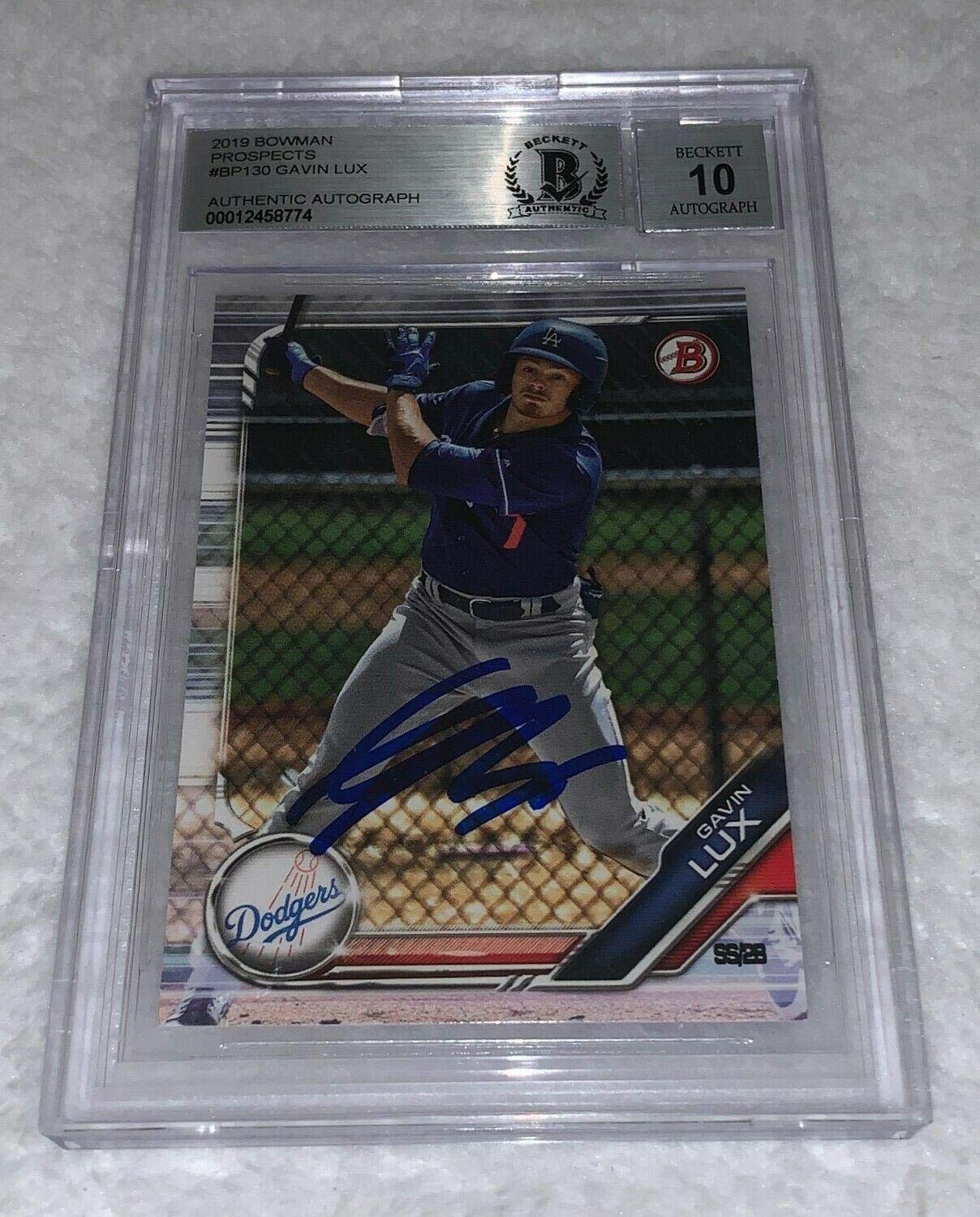 Gavin Lux LA Dodgers Autographed 2019 Bowman Prospects #130 Baseball Card - Beckett BGS 10 Graded, Slabbed - Perfect for Collectors & Dodgers Fans Display