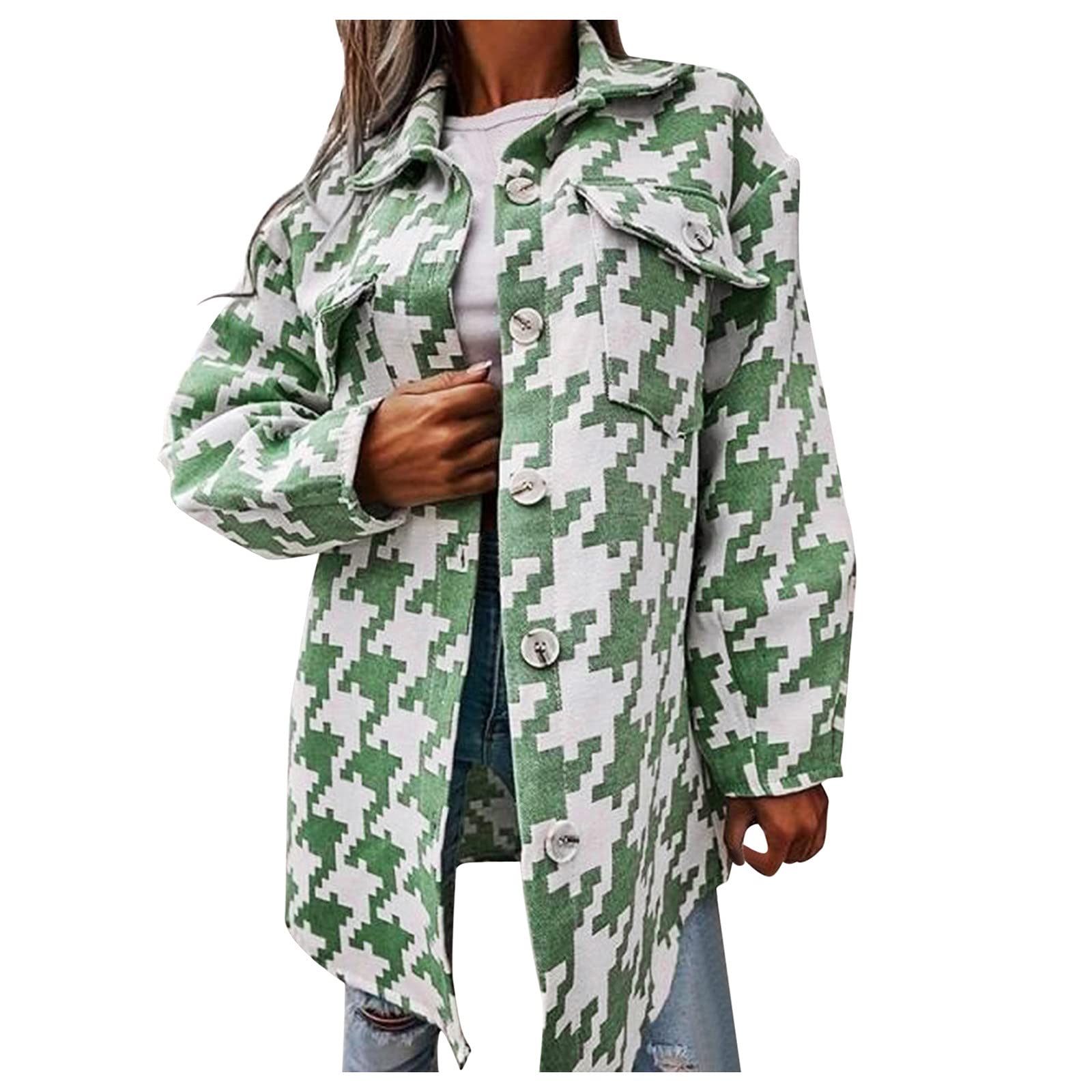 Stylish Women's Long Sleeve Houndstooth Wool Coat - Loose Fit Winter Jacket with Vibrant Colors | Perfect for Office Wear, Holiday Outfits & Casual Fall Fashion