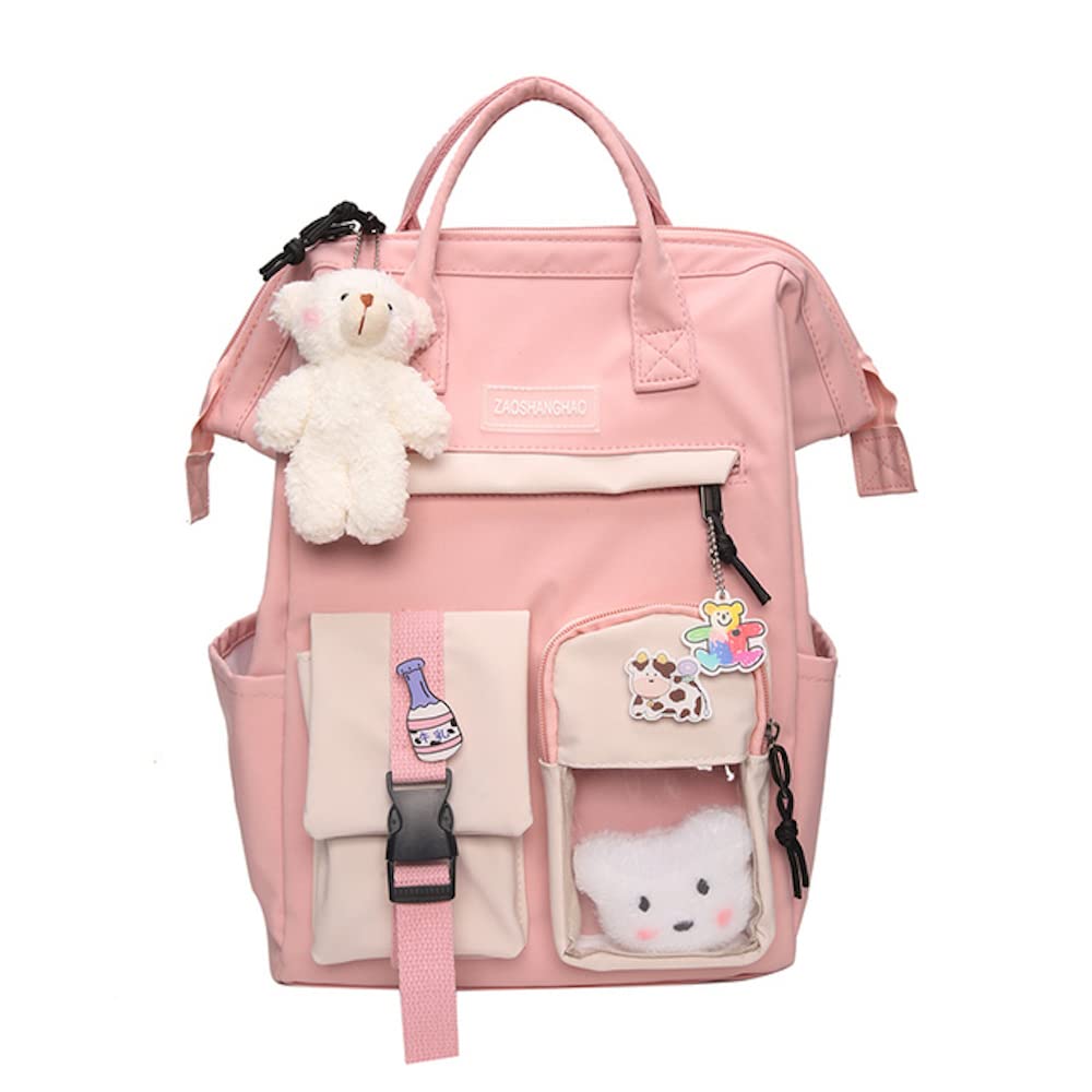Cute Kawaii Backpack for Teens - Pink Aesthetic School Bag with Pins & Plushies for School & Travel