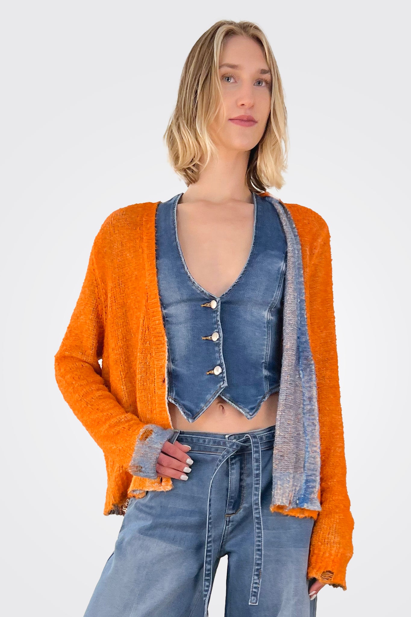 Stylish Bi-Color Cardigan in Orange & Blue | Women's Fashion Knitwear | Perfect for Fall Layering & Casual Outfits