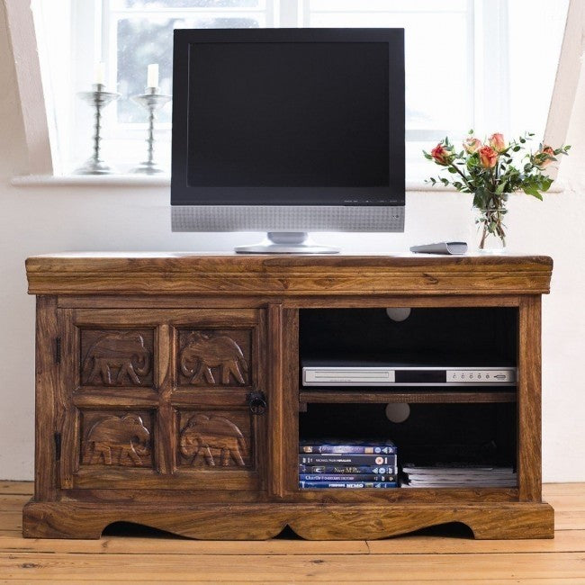 Elephant Design Solid Wood TV Stand - Handcrafted Indian Teakwood Entertainment Center for Living Room, Bedroom & Home Theater