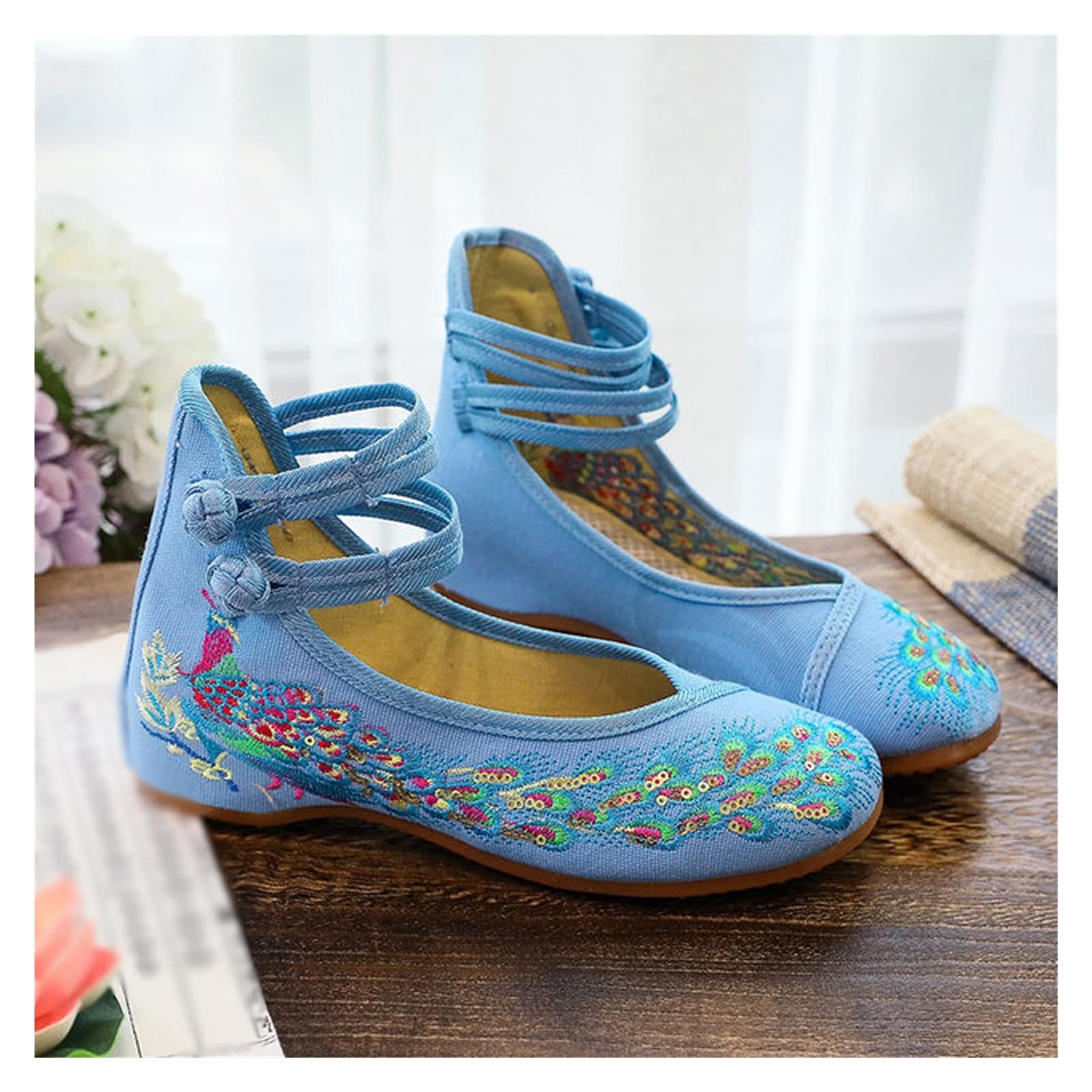 Peacock Embroidery Women's Ballet Flats - Comfortable Canvas Casual Walking Shoes for Ladies (Size 41) | Perfect for Daily Wear, Office, Shopping and Travel