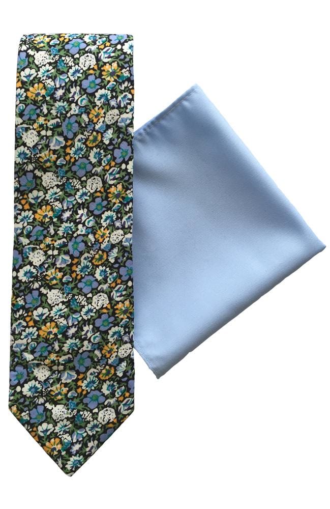 LA Smith Blue Yellow White Floral Cotton Tie and Hank Set - Stylish Matching Accessories for Weddings, Parties & Formal Events