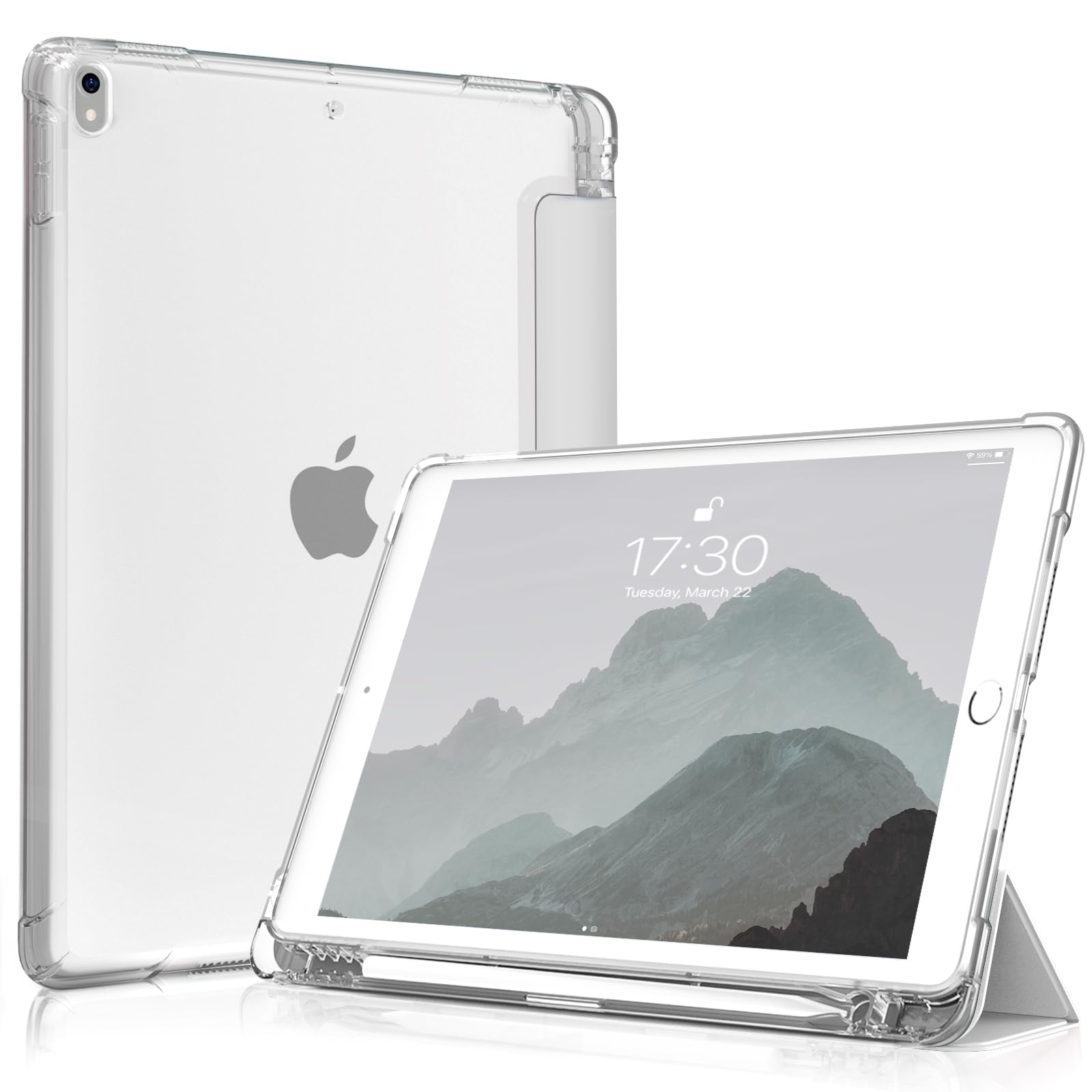 Slim Trifold Smart Case with Pencil Holder for iPad Air 3rd Gen (2019) & iPad Pro 10.5 (2017) - Frosted Translucent TPU Back Cover, Auto Sleep/Wake - Gray White | Perfect for Work, School & Travel Protection
