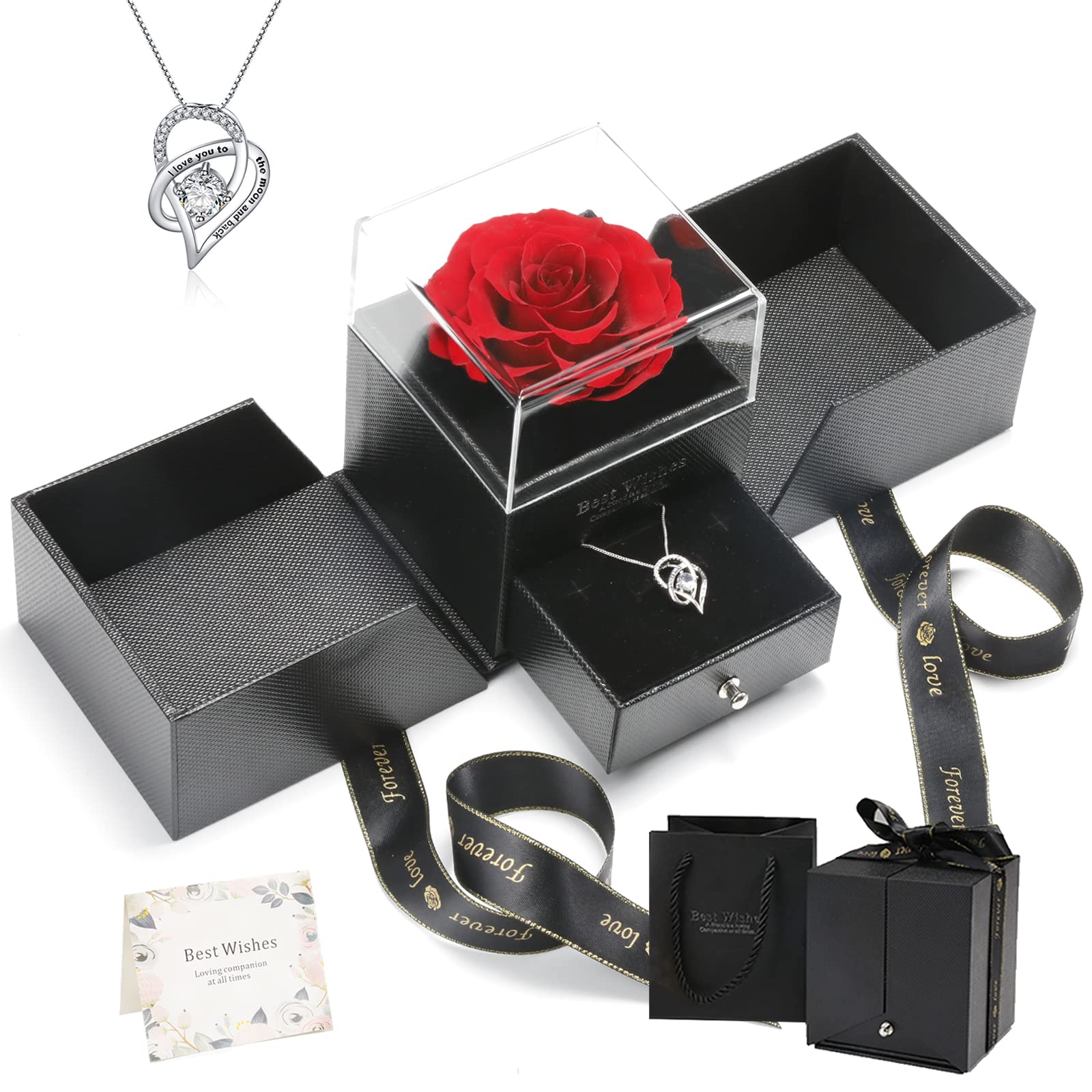 MEJUDIA Real Preserved Rose with Heart Crystal Necklace - Romantic Birthday Gift for Women, Mom, Wife, Girlfriend - Perfect for Mother's Day, Anniversary & Valentine's Day - Jewelry Gift for Her to Wear on Dates, Weddings & Special Occasions