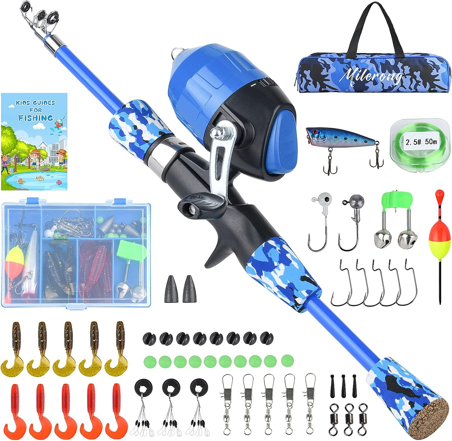 **Milerong Kids Fishing Rod and Reel Combo Kit - Telescopic Portable Fishing Pole for Boys, Girls & Youth with Spincast Reel, Tackles, Lures & Lines - Perfect for Outdoor, Camping & Family Fishing Trips**