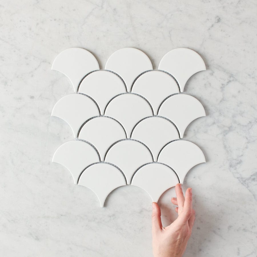 Premium Coral Bay Matte White Fish Scale Tile - Waterproof & Durable Ceramic Wall & Floor Tile for Bathroom, Kitchen, and Backsplash - Elegant Home Decor Upgrade