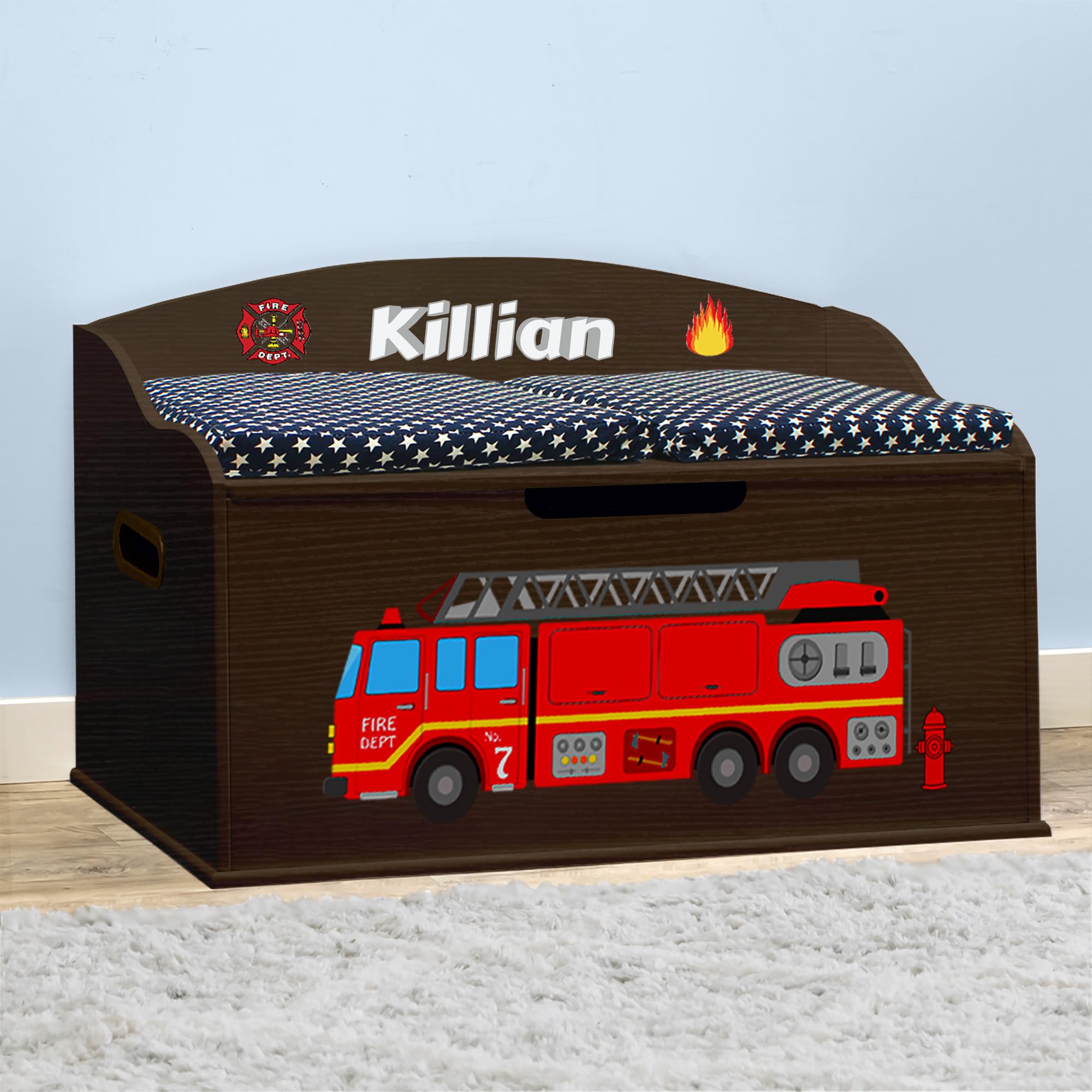 Personalized Creative Wonders Toy Box - Firetruck & Espresso Design | Custom Kids' Storage Organizer for Bedroom, Playroom & Nursery Decor