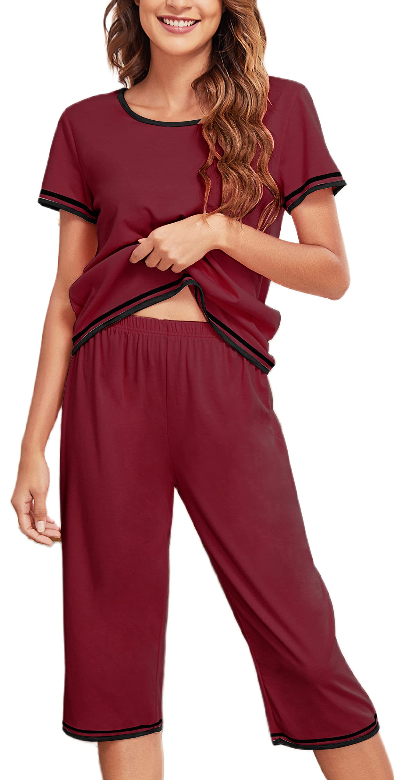 Ekouaer Women's Summer Pajama Set - Short Sleeve Top & Capri Pants Comfy Sleepwear Lounge Set | Perfect for Nighttime, Relaxing at Home & Vacation Wear