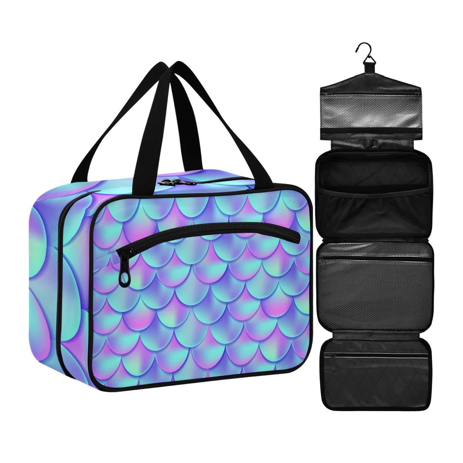 ZZKKO Women's Travel Toiletry Bag - Large Hanging Cosmetic Organizer with Hook, Waterproof Makeup Bag for Toiletries & Accessories, Multicolor Mermaid Design - Perfect for Vacations, Business Trips & Gym