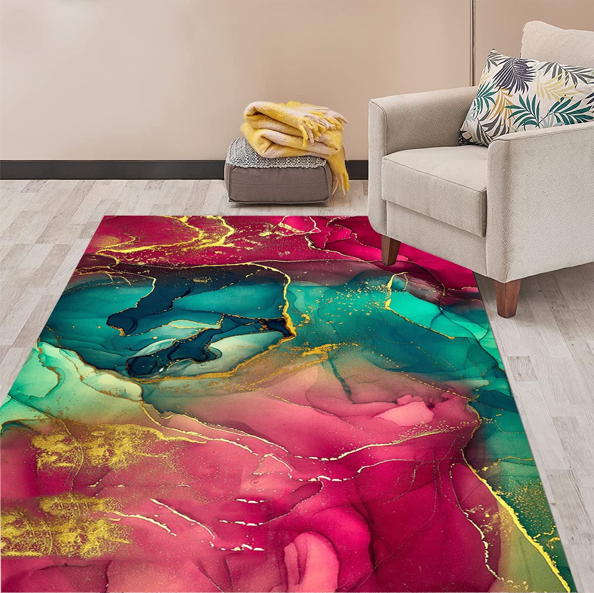 Burgundy Gold Green Marble Abstract Modern Area Rug 7x10 - Washable Chic Rustic Carpet for Living Room, Bedroom, Dining Room & Home Office - Aesthetic Farmhouse Indoor Outdoor Floor Rug - Perfect for Cozy Home Decor, Airbnb Styling and Pet-Friendly Spaces