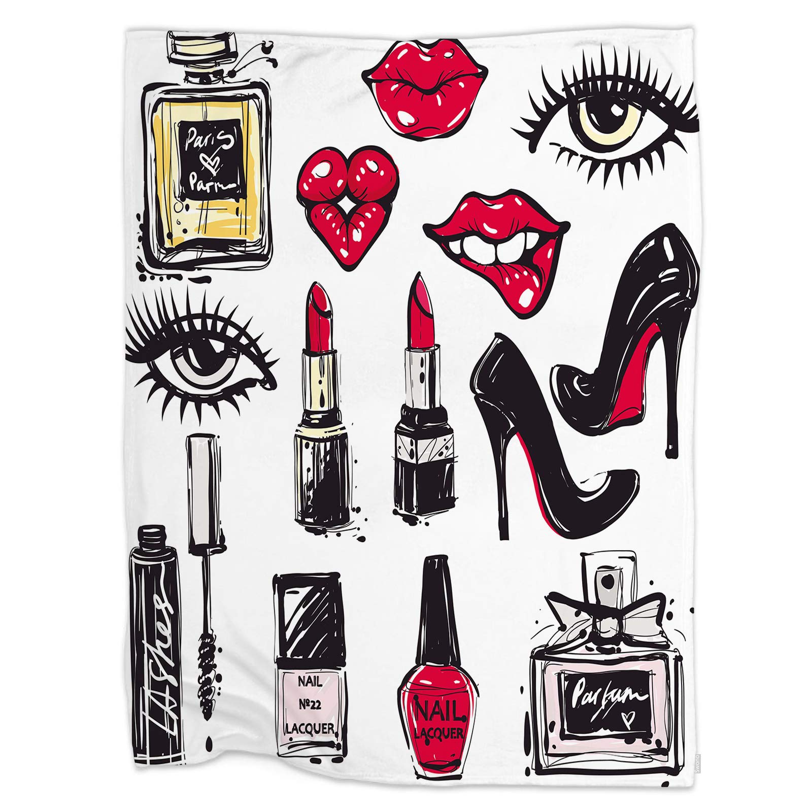 Swono Fashion Sketch Throw Blanket - Hand Drawn Lipstick, Perfume & Makeup Design - Ultra Soft 30x40 Inch Decorative Blanket for Bed, Couch, Sofa & Office - Perfect for Home Decor, Gift Giving & Cozy Nights