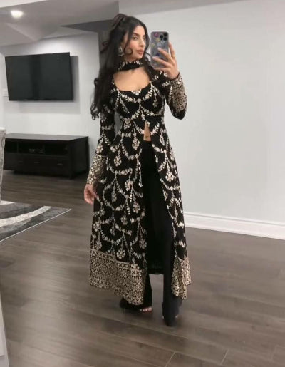 Elegant Black Front Slit Suit Set with Intricate Thread & Sequin Work - Formal Office Wear & Evening Party Outfits - UK Next Day Delivery