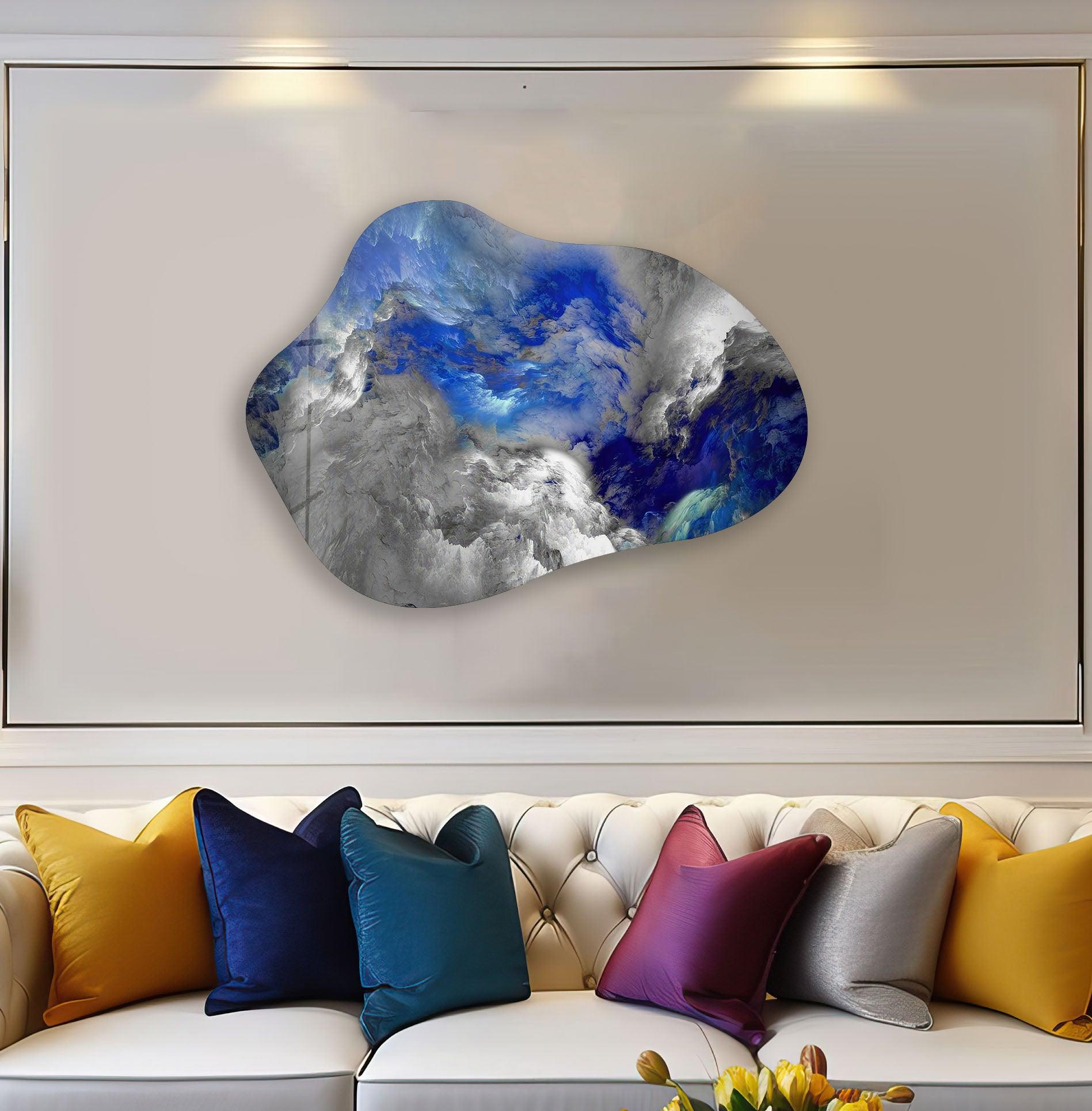 Blue & Grey Abstract Glass Wall Art - Modern Home Decor for Living Room, Bedroom & Office - Handmade Glass Painting for Unique Interior Design