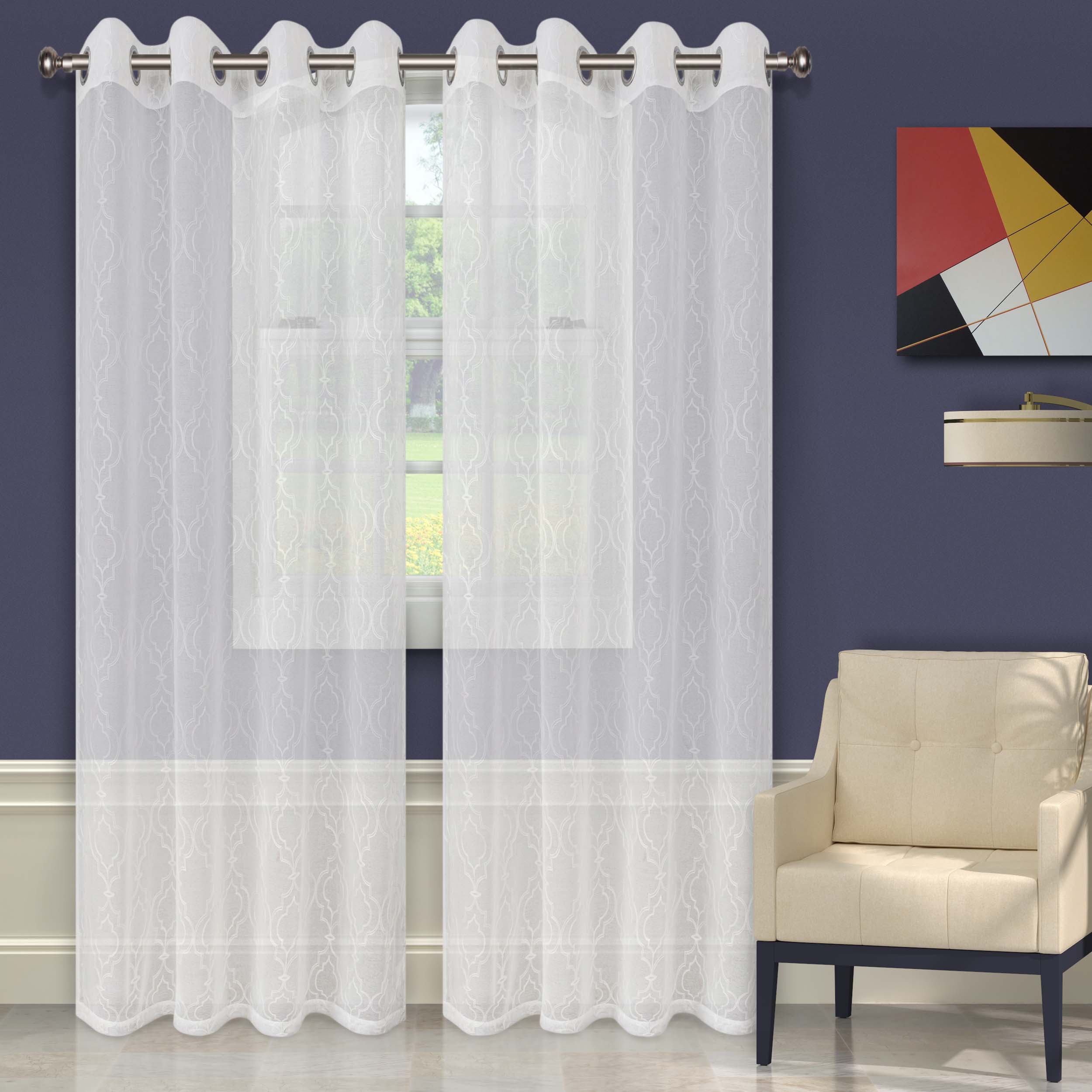 Embroidered Imperial Trellis Sheer Grommet Curtain Panel Set - Elegant Window Treatment for Living Room & Bedroom - Light Filtering & Privacy