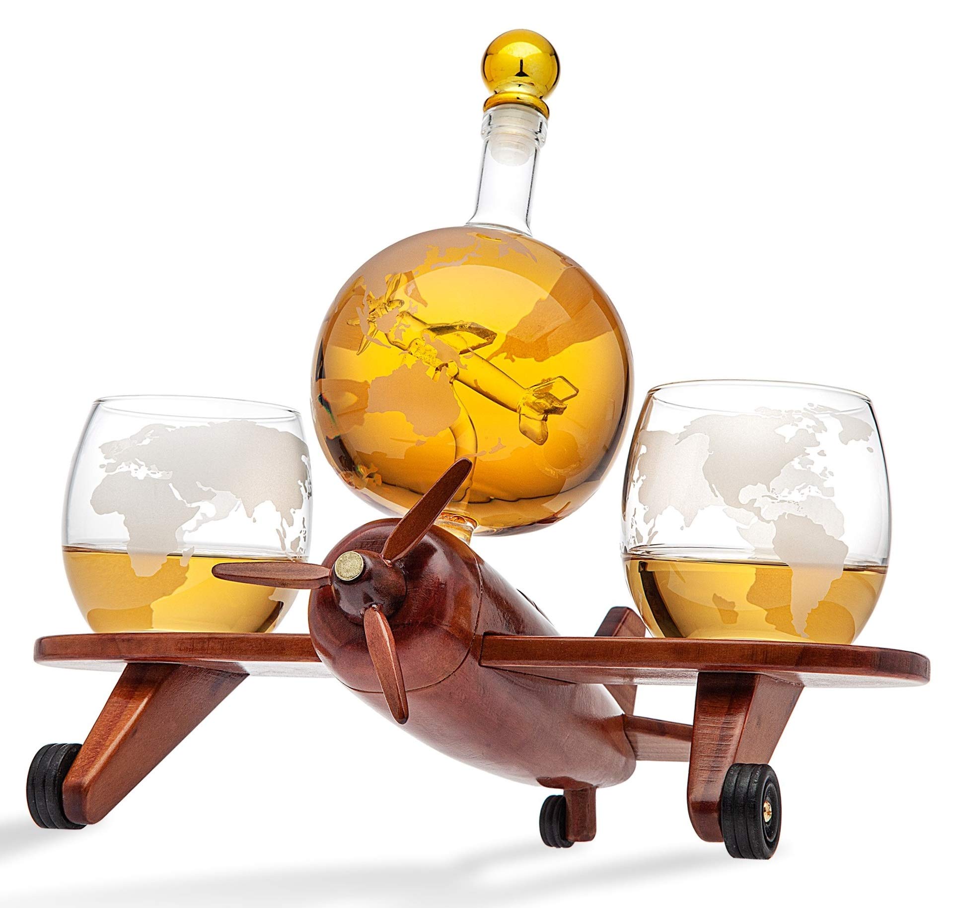 Premium Godinger Whiskey Decanter Airplane Globe Set with 2 Crystal Whiskey Glasses - Luxury Scotch Bourbon Vodka Liquor Gift Set for Home Bar, Office & Special Occasions