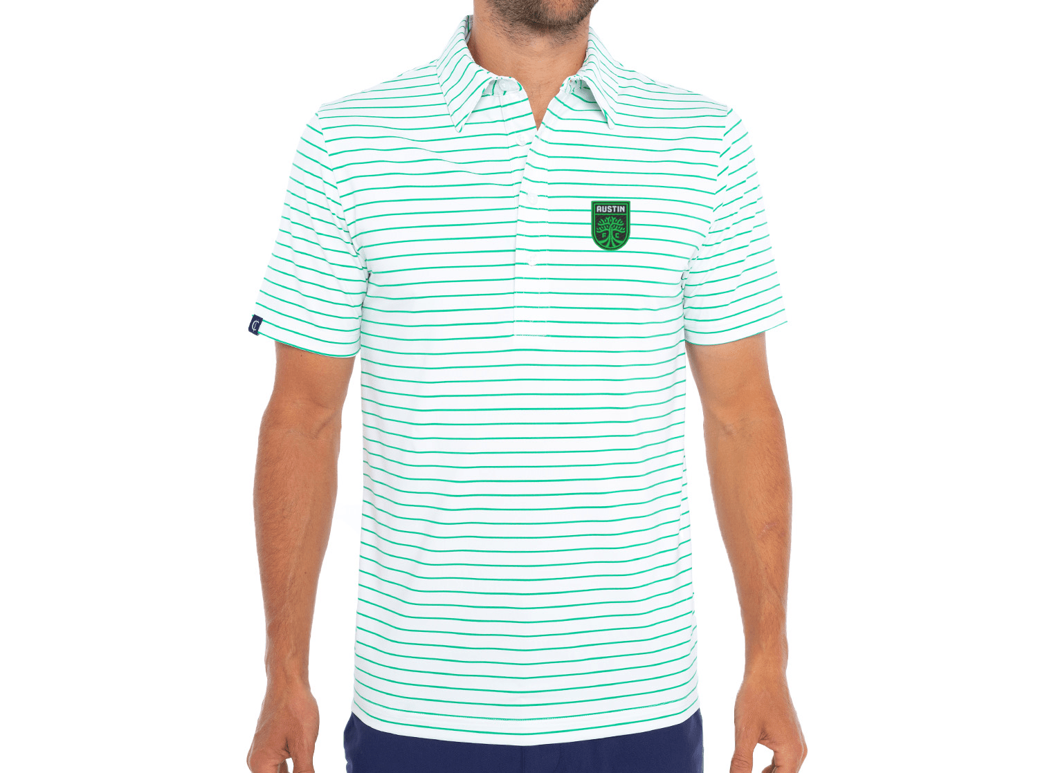 Austin FC Performance Sport Polo with Badge - White and Verde Stripe Soccer Jersey for Men | Game Day, Training & Casual Wear