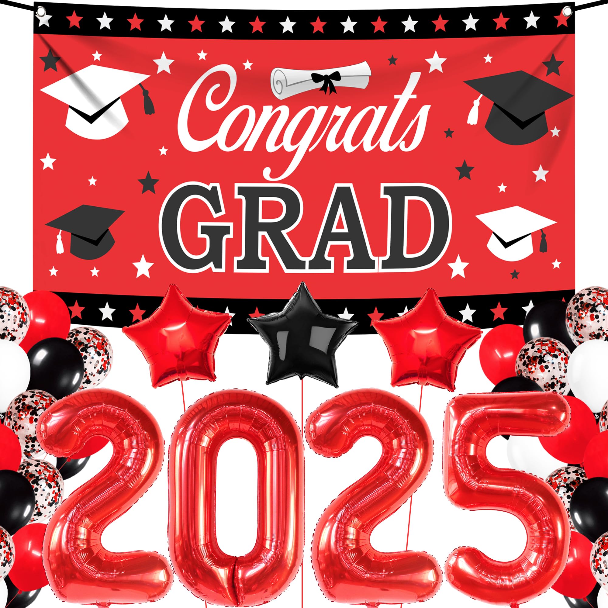 KatchOn 2025 Graduation Party Decorations Set - 40-Piece Red & Black Balloons, Congrats Grad Banner for Class of 2025 | Perfect for High School & College Graduation Ceremonies, Commencement Parties & Photo Backdrops