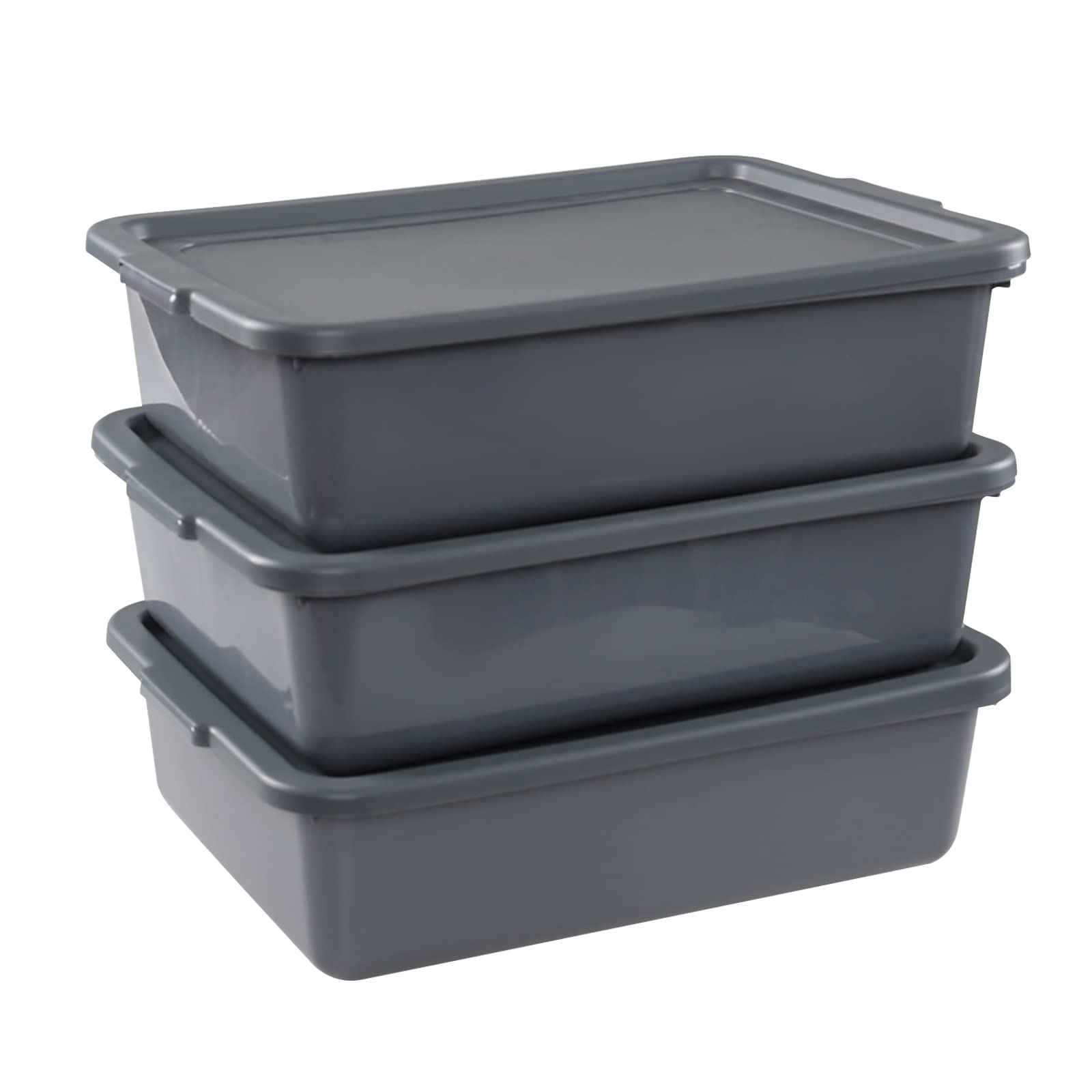 3-Pack 13L Plastic Commercial Tote Box with Lid - Heavy Duty Bus Tubs for Restaurant, Kitchen & Food Service - Stackable Storage Containers for Dishwashing, Organization & Transport - Gray