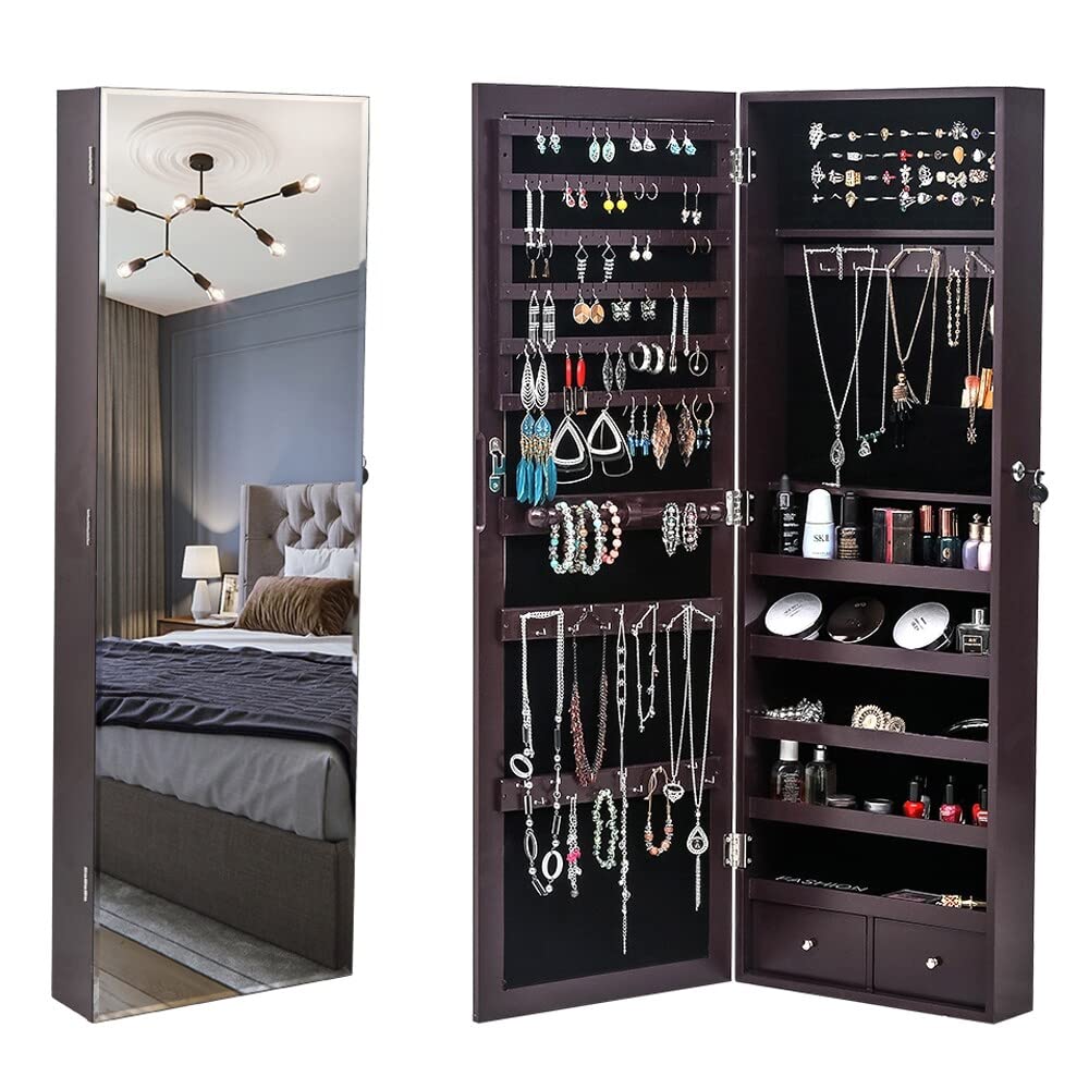 Modern Full-Length Mirror Jewelry Storage Cabinet with Wall Hanging - Brown MDF Finish | Space-Saving Organizer for Bedroom, Closet & Dressing Room