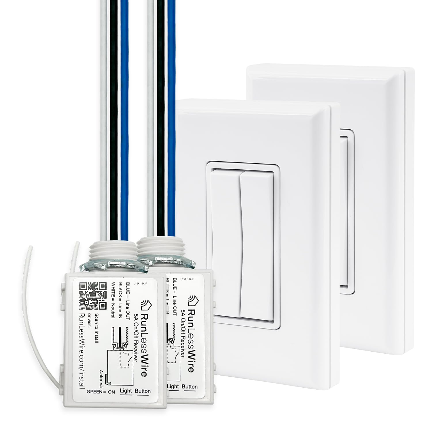 RunLessWire 3-Way Fan & Light Remote Control Switch Kit - Wireless, Battery-Free, Self-Powered Kinetic Wall Switch with 150+ ft RF Range - Includes 2 On/Off Receivers & 2 Double Switches - White - Perfect for Bedroom, Living Room & Home Automation