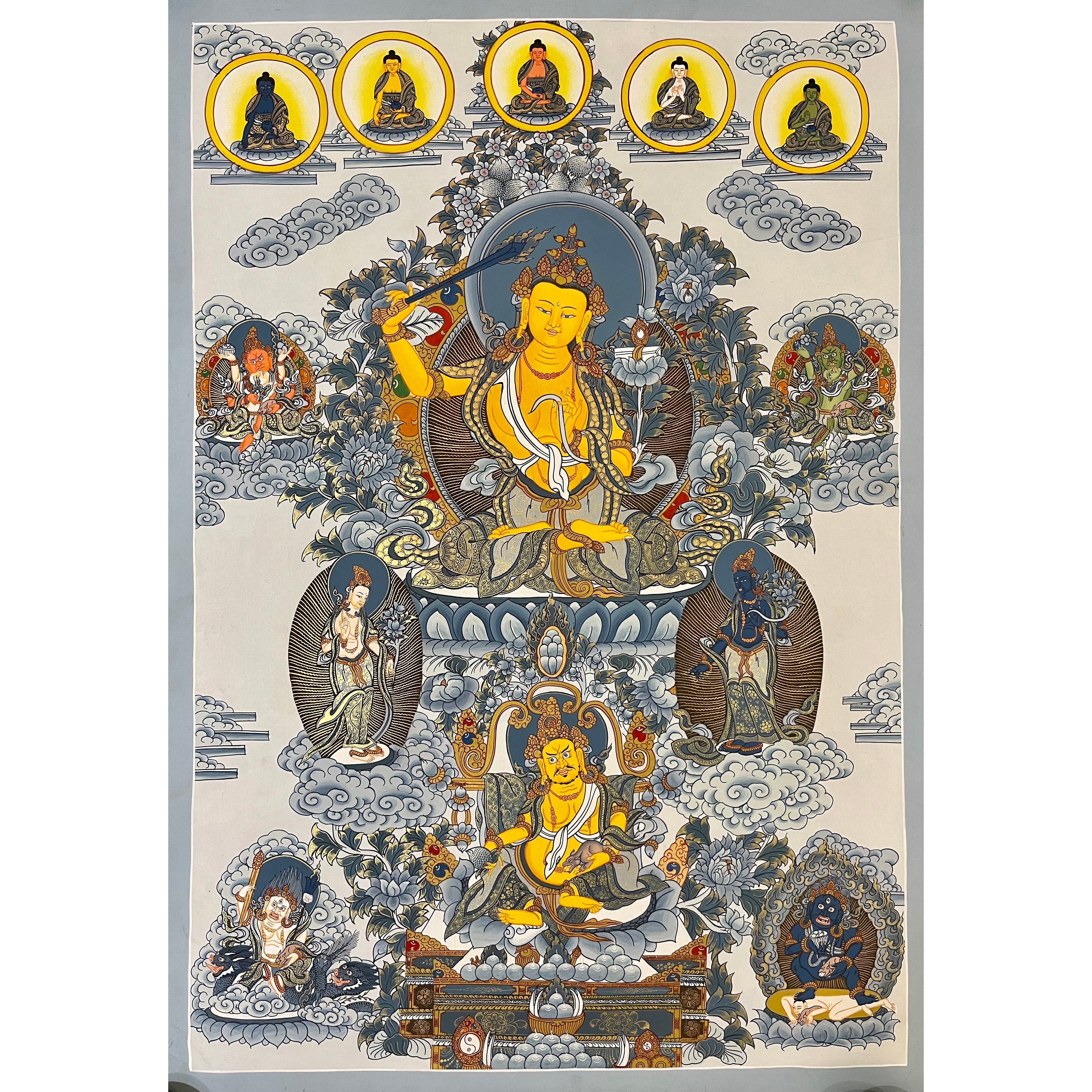Authentic Tibetan Thangka Painting - Manjushri & Jambhala Buddhist Art for Home Altar & Meditation | Handmade Spiritual Wall Decor for Yoga Studios & Buddhist Temples
