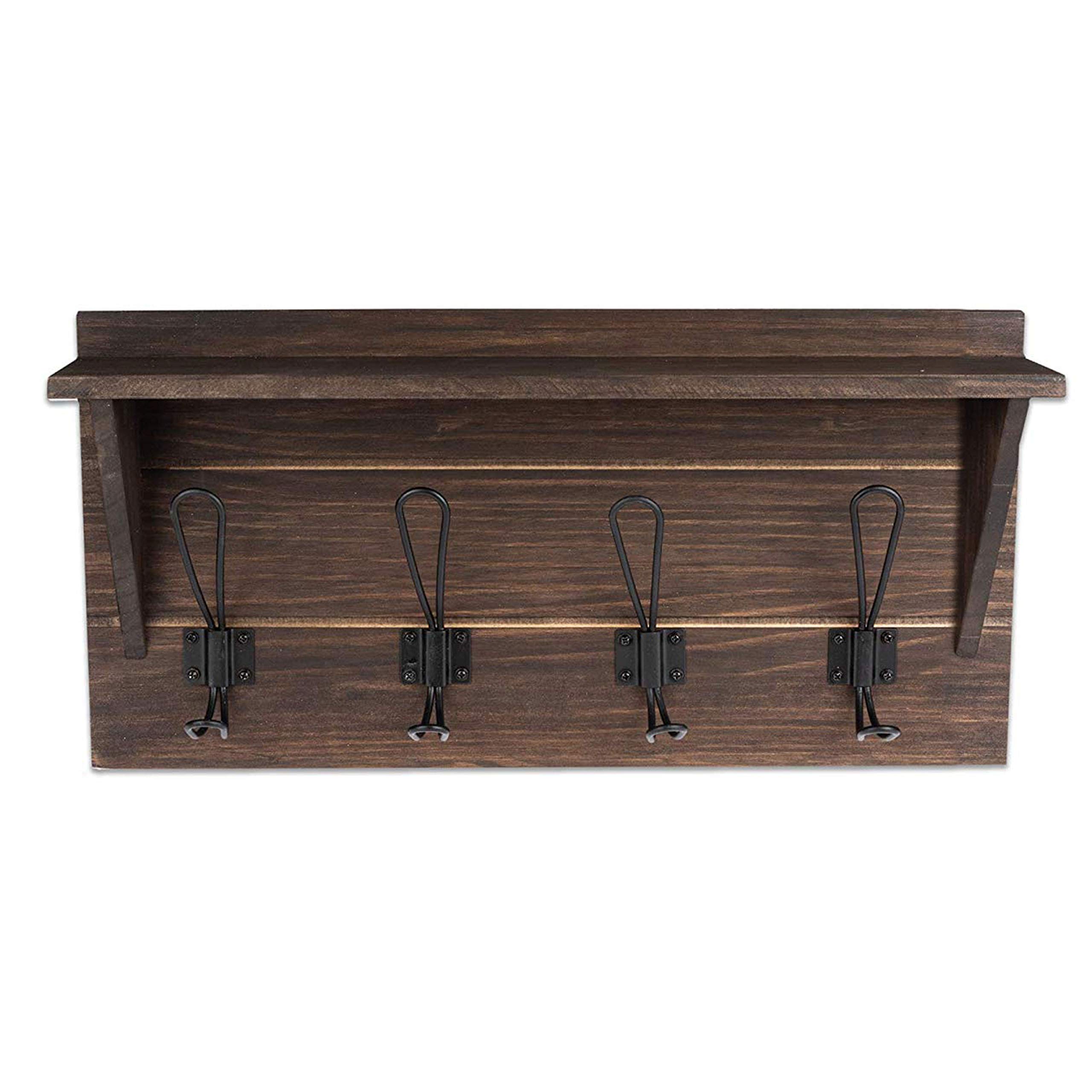 Ilyapa Espresso Wall Mount Coat Rack with Shelf & 4 Metal Hooks - Solid Wood Entryway Organizer for Hats, Jackets, Bags - Perfect for Kitchen, Bedroom, Hallway & Mudroom Organization