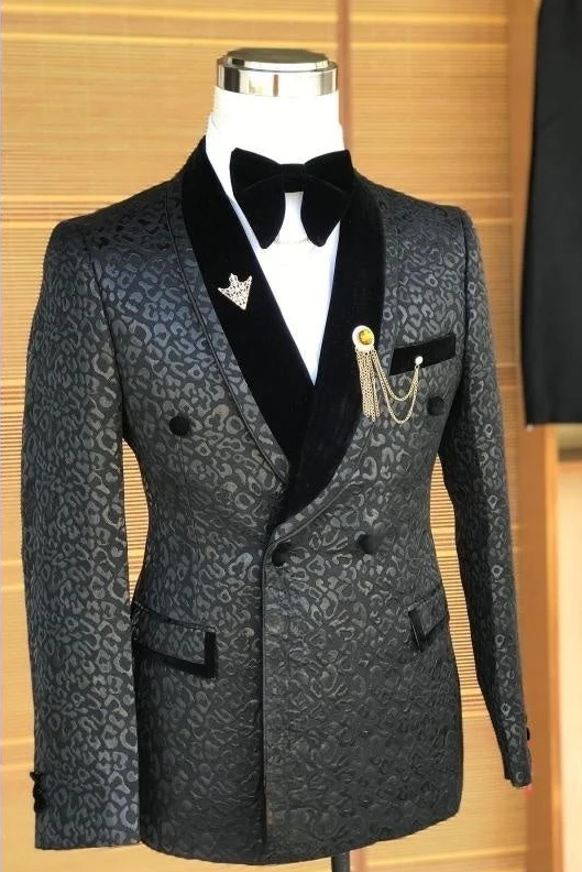 Double Breasted Slim Fit Jacquard Pattern Men's Black Wedding Tuxedo Suit 2-Piece Set (Jacket + Pants) - Perfect for Weddings, Prom, Formal Events & Black Tie Occasions