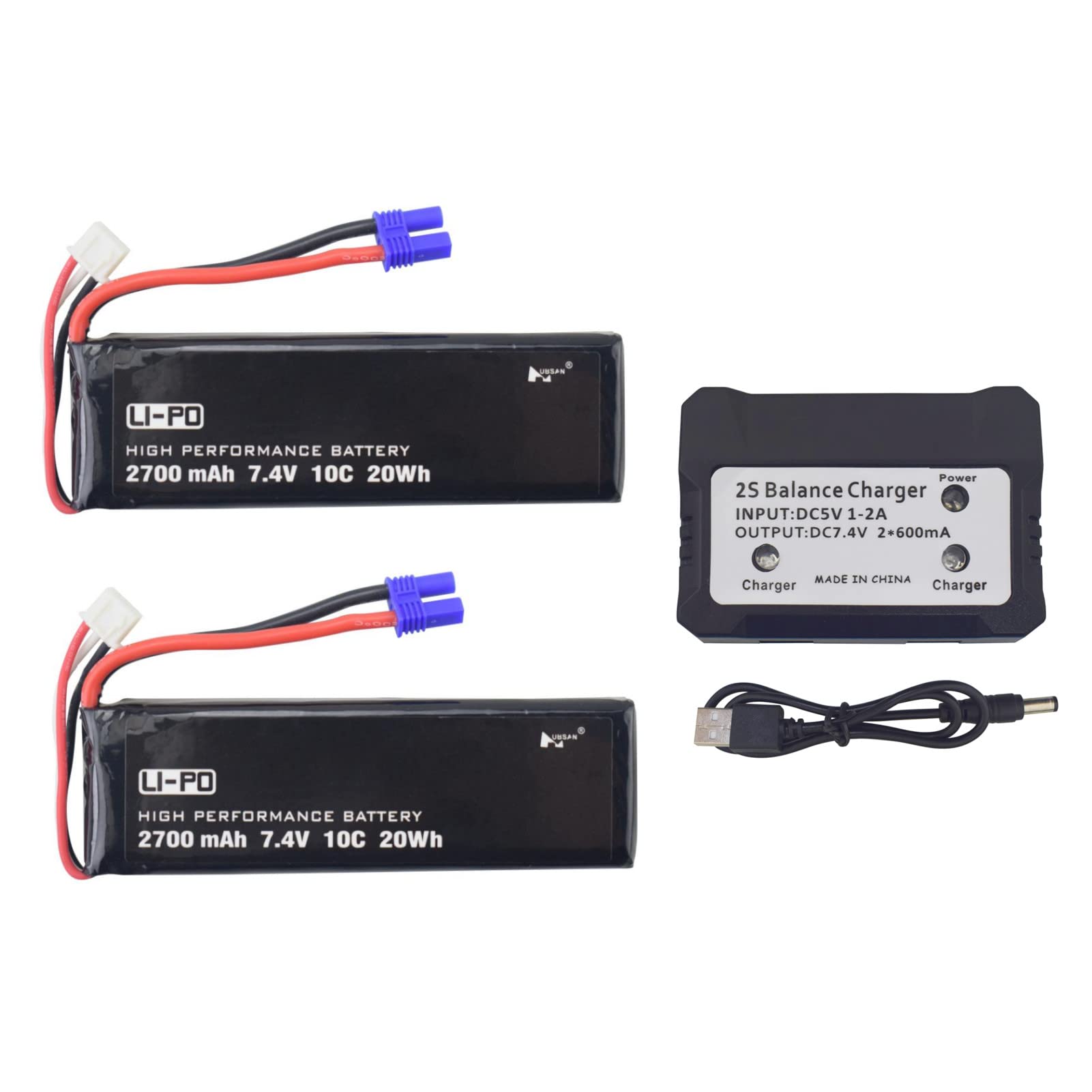 Fytoo 2 Pack 7.4V 2700mAh 10C LiPo Batteries with Smart Charger for Hubsan H501S/H501A/H501C/H501M/H501S Pro Drones - Replacement Parts for Extended Flight Time (Perfect for Aerial Photography & FPV Racing)