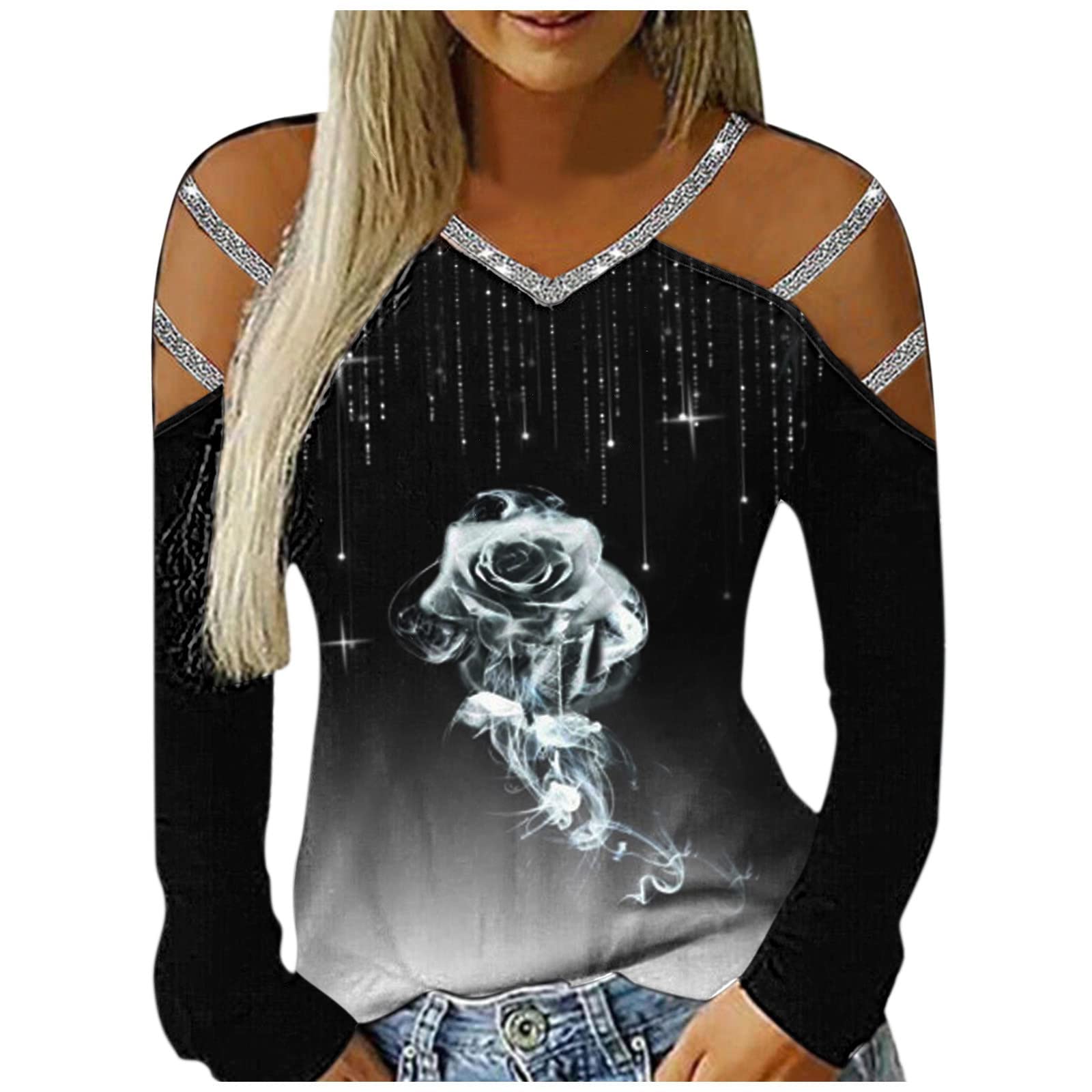 Sexy Women's Long Sleeve V-Neck Hollow Out Rose Print Blouse for Workout & Fall Fashion